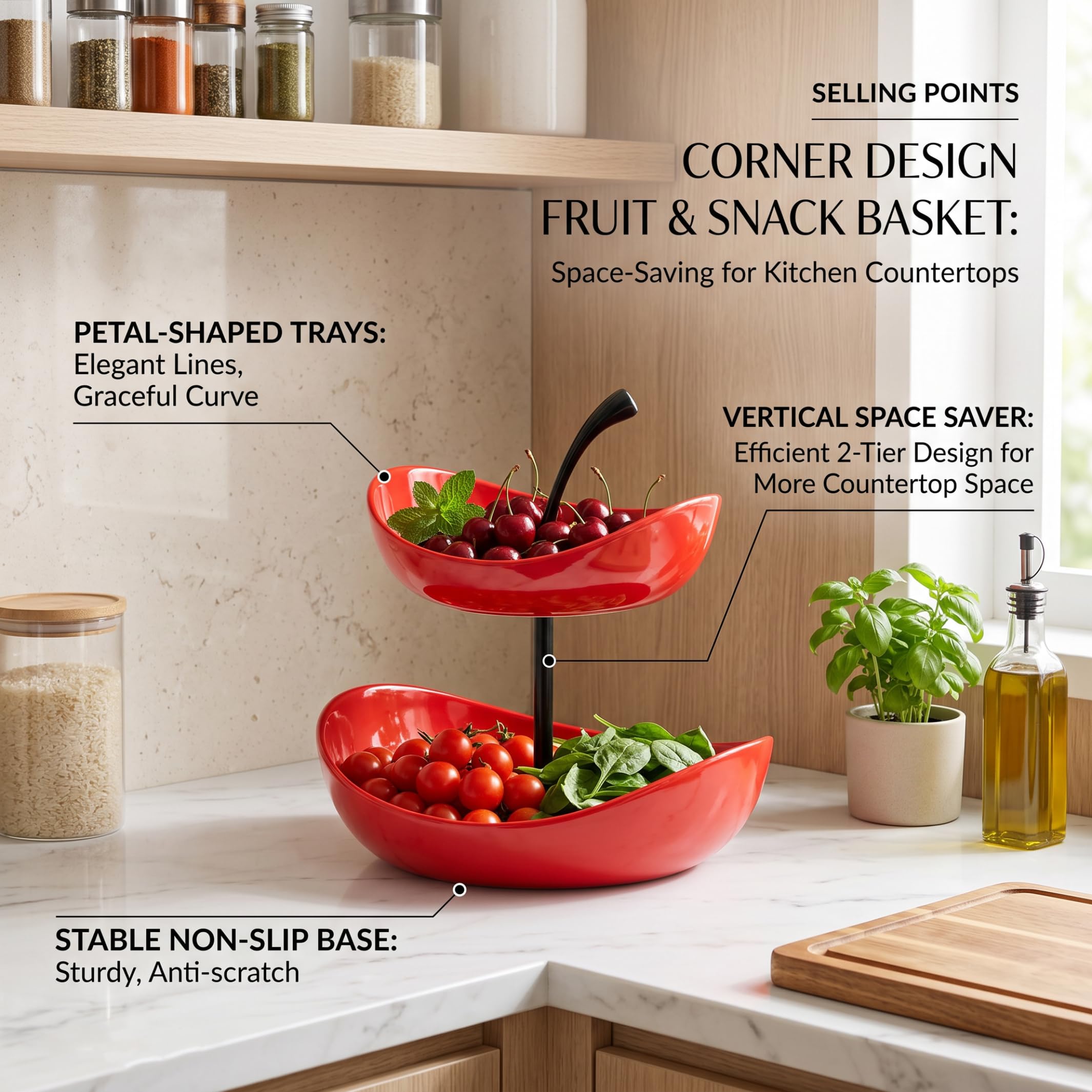 Alzata per frutta Cestino per frutta in ceramica a 2 livelli con manico in ceramica, rosso