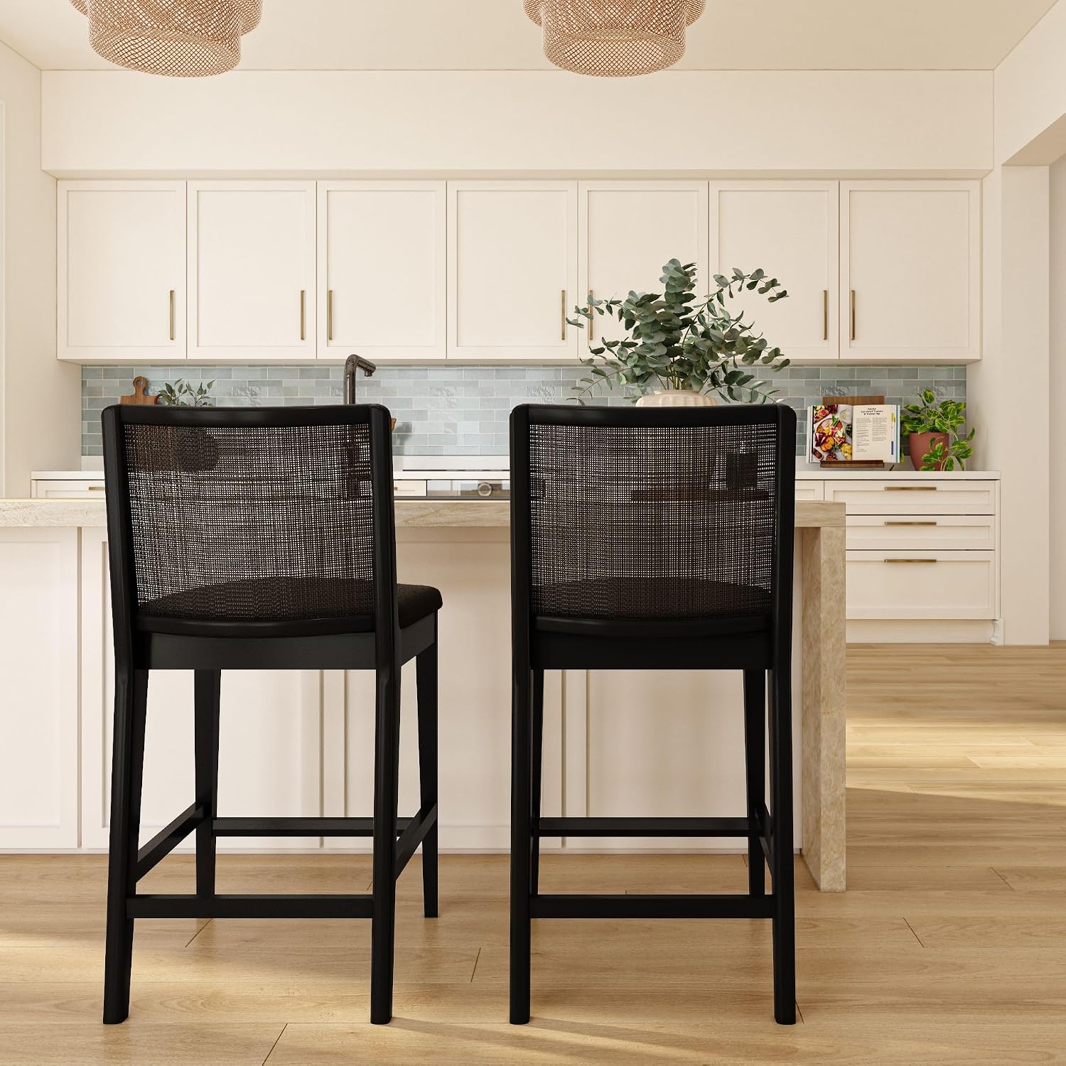 Plank+Beam Elio Counter Height Bar Chair (2-Pack) - Rattan Back, Bouclé Upholstered Seat, Solid Rubberwood Frame, Low-VOC Finish, Easy Assembly, Black/Black