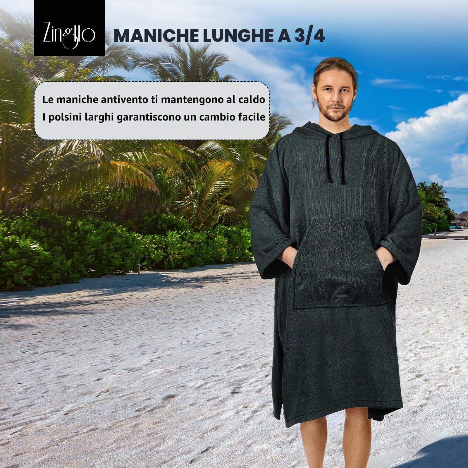 Poncho da surf, accappatoio con maniche a 3/4, extra large, spesso, con cappuccio, per uomo e donna, per spiaggia, nuoto, 109,2 x 89,9 cm, nero