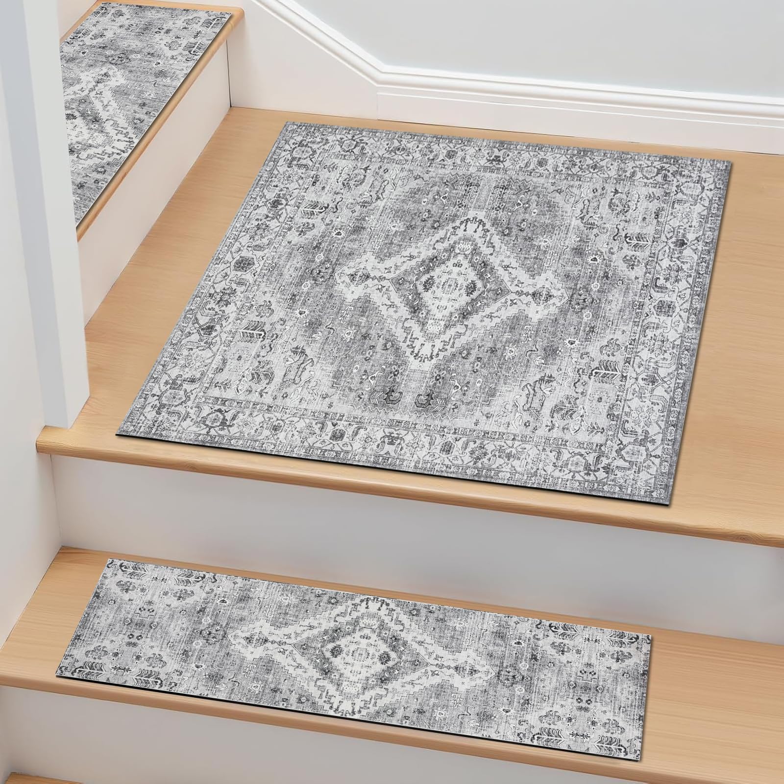 Homcomodar 1 PC Staircase Corner Stair Carpet Treads Mats for Indoor Stairs, 76 x 76cm Indoor Non Slip Stair Runner Washable Reusable Rubber Stairs Carpet Protector Mats for Pets, Kids, Elders, Gray