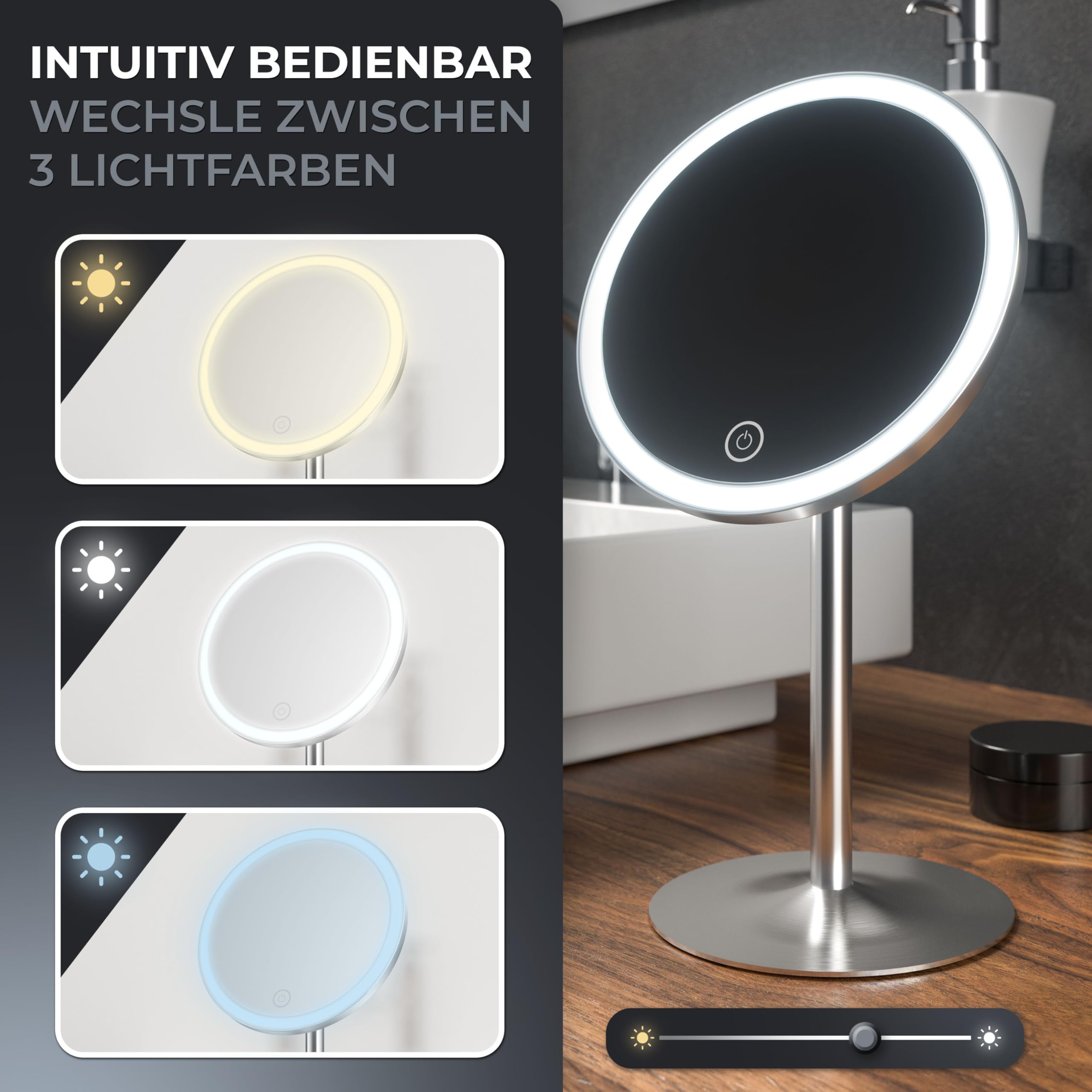 ovimar Specchio cosmetico Bogo argento | con illuminazione | ricaricabile | indipendente | nel bagno | Specchio ingranditore 5x | Specchio per il trucco con luce | Specchio a 360 gradi