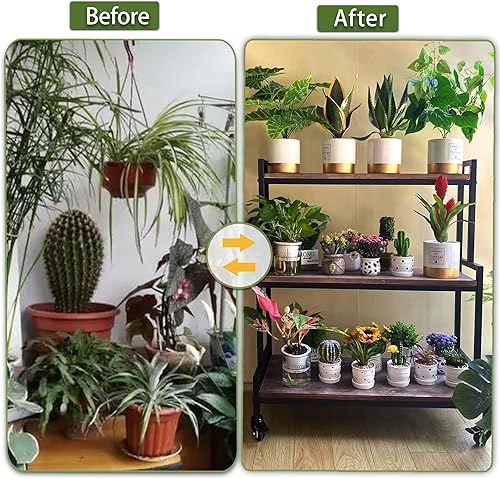 Miniatura 3 de YCCO Soporte rústico para plantas con ruedas, estantes de plantas rodantes para interiores y exteriores, soporte de metal para plantas con madera