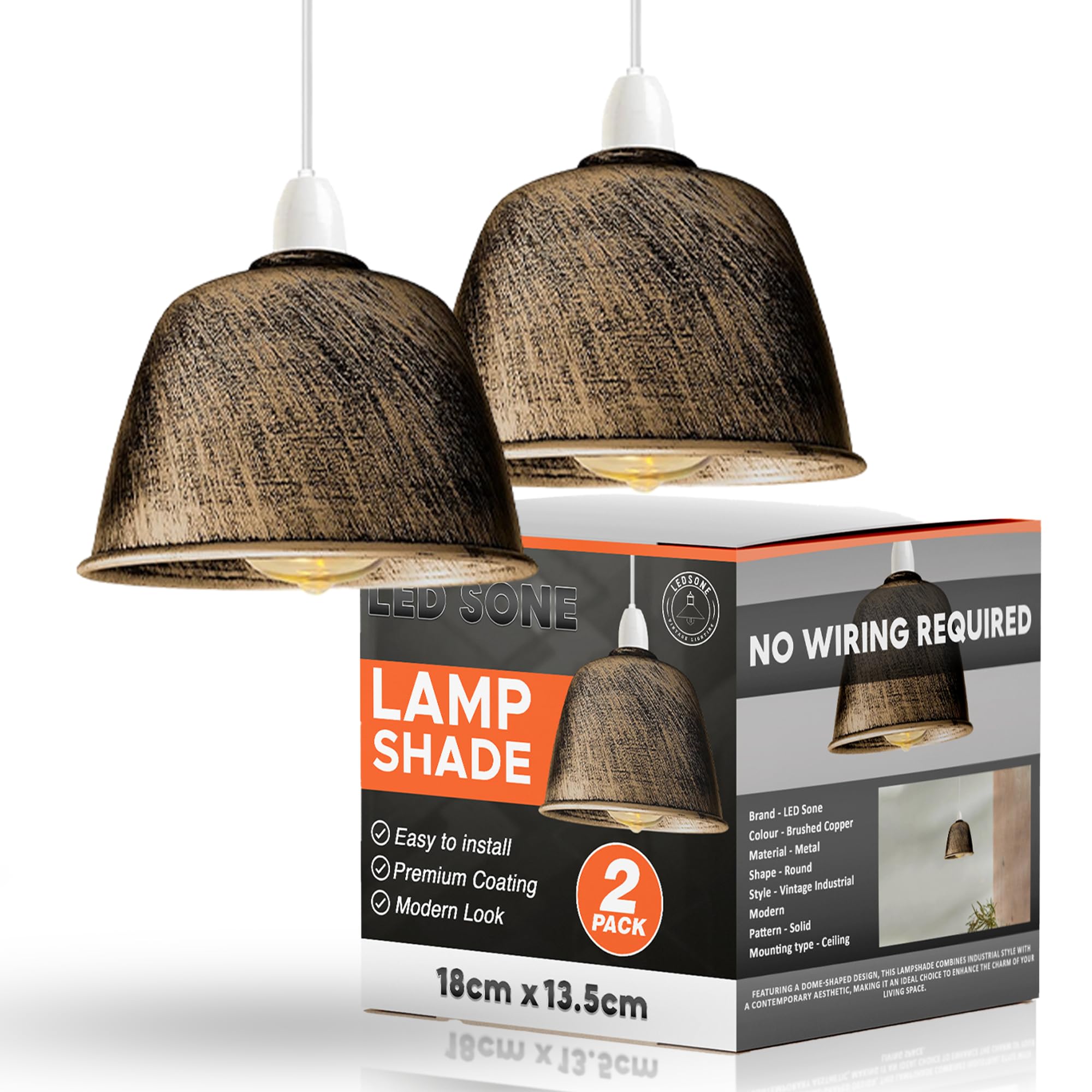 2 Pack 18cm Brushed Copper Metal Dome Easy Fit Lampshade with 4cm Top Hole Modern Retro Style Light Shade for Kitchen Lighting Living Room Lamps