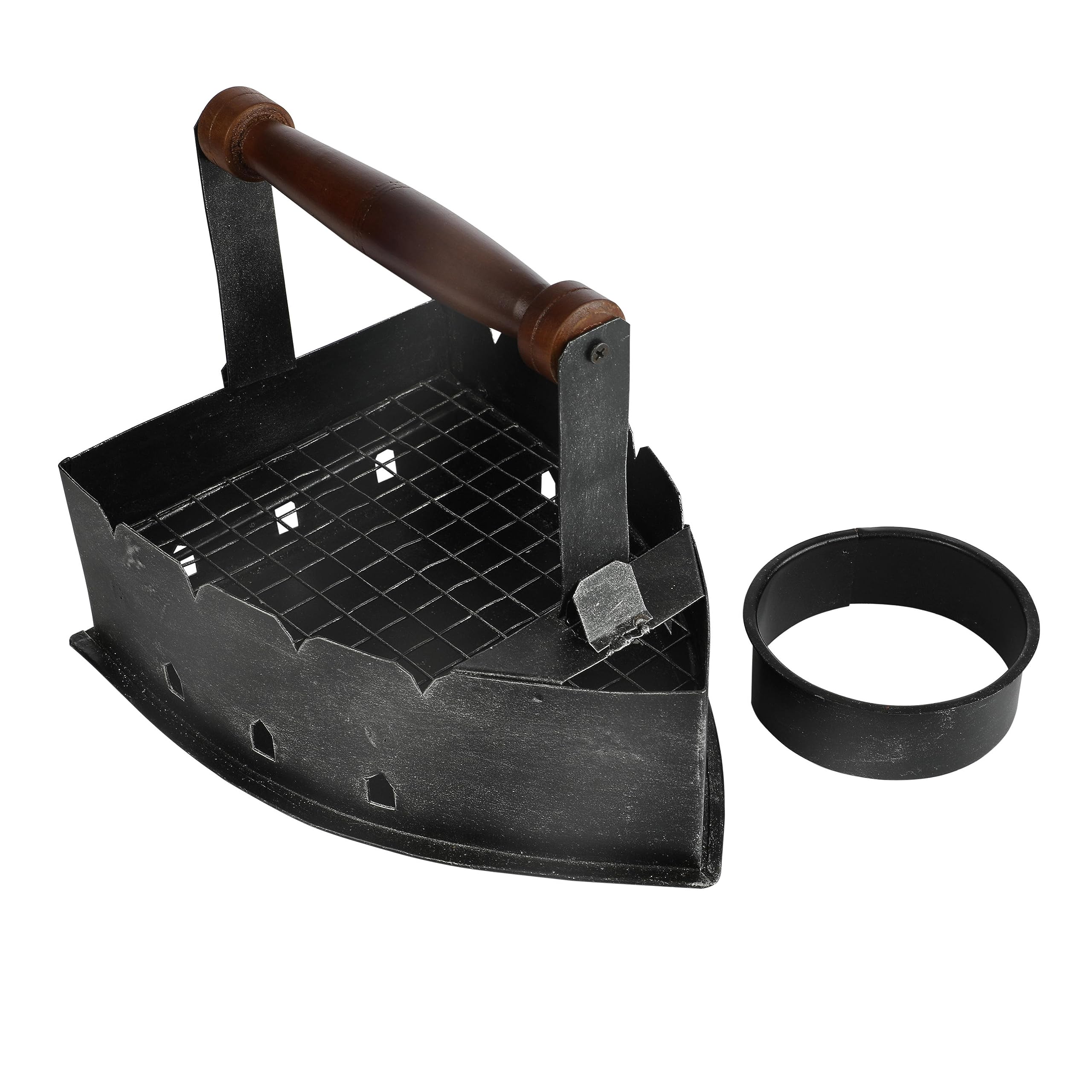 Ek Do Dhai Antique Iron BBQ Metal Platter Tray X Large (XL) with 4 Skewers Iron and Wood with Iron mesh for Serving Paneer / Chicken Tikka and Party Barbeque Snacks