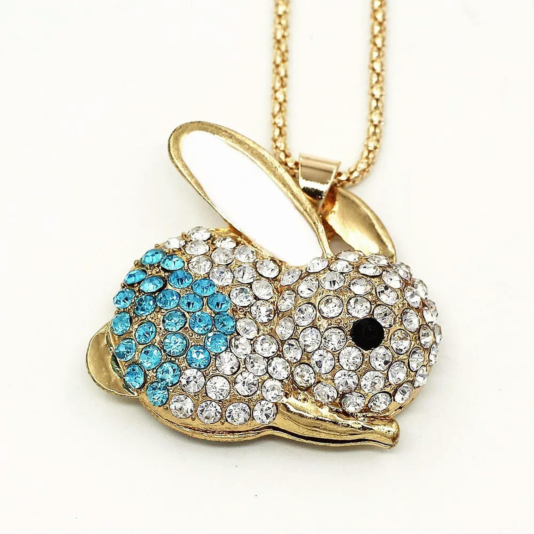 Cute Rabbit Bunny Pendant Necklace Blue Enamel Crystal Rhinestone Sweater Chain -Default