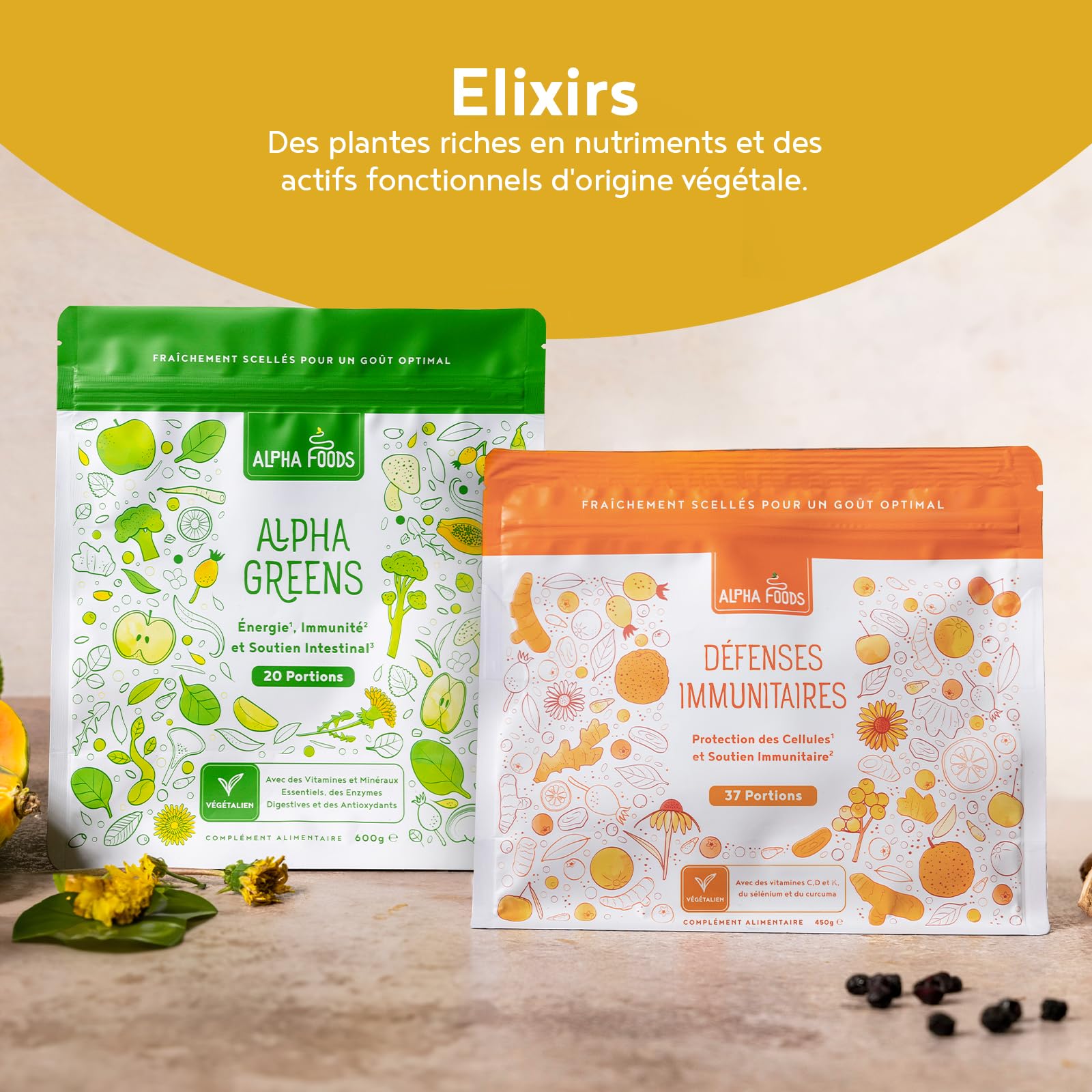 Défenses Immunitaires en Poudre | 450 g | avec Vitamine C, D et K2, Quercétine, Camu, Curcuma, Gingembre, Sélénium, Zinc et NAC | Soutien du Système Immunitaire | Alpha Foods