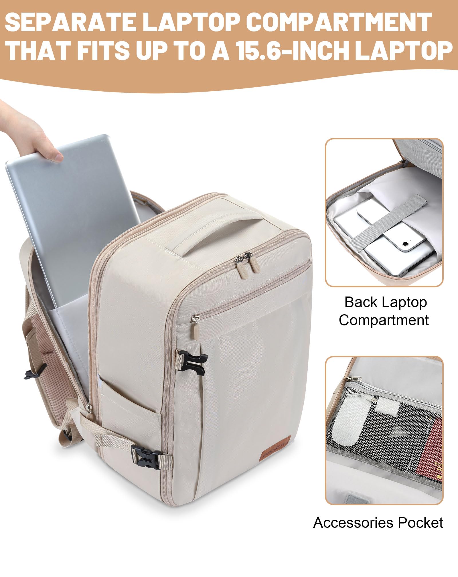 Bagage Cabine 40x30x20cm Extensible, Sac à Dos de Voyage, Sac Cabine Avion 24L-30L pour Vueling/Transavia, avec Compartiment PC 15.6" - Beige Crème