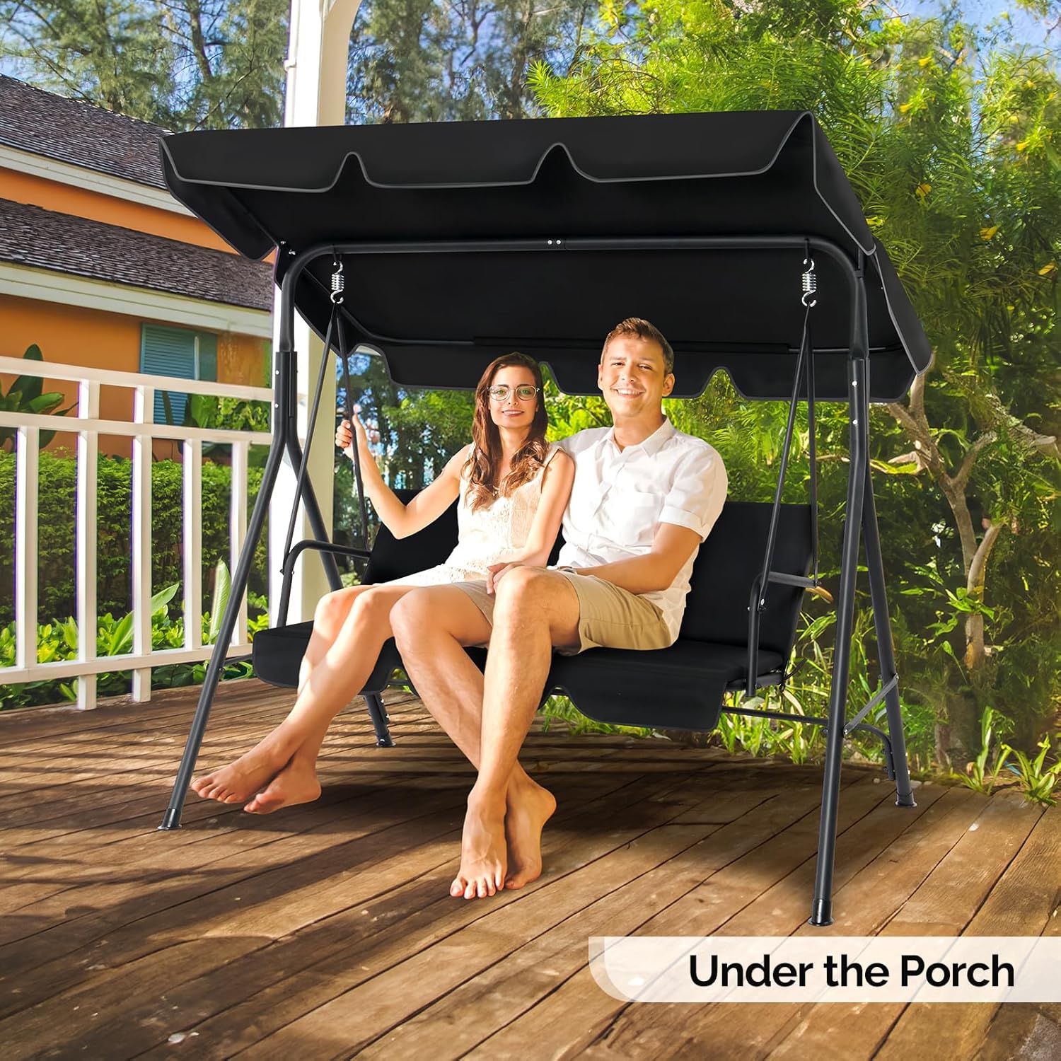VINGLI Heavy Duty 550 LBS Upgraded 2 Person Outdoor Porch Swing with Stand, Adjustable Canopy Swing with Cushions & Steel Frame for Yard, Pool, Lawn, Indoors (Black)