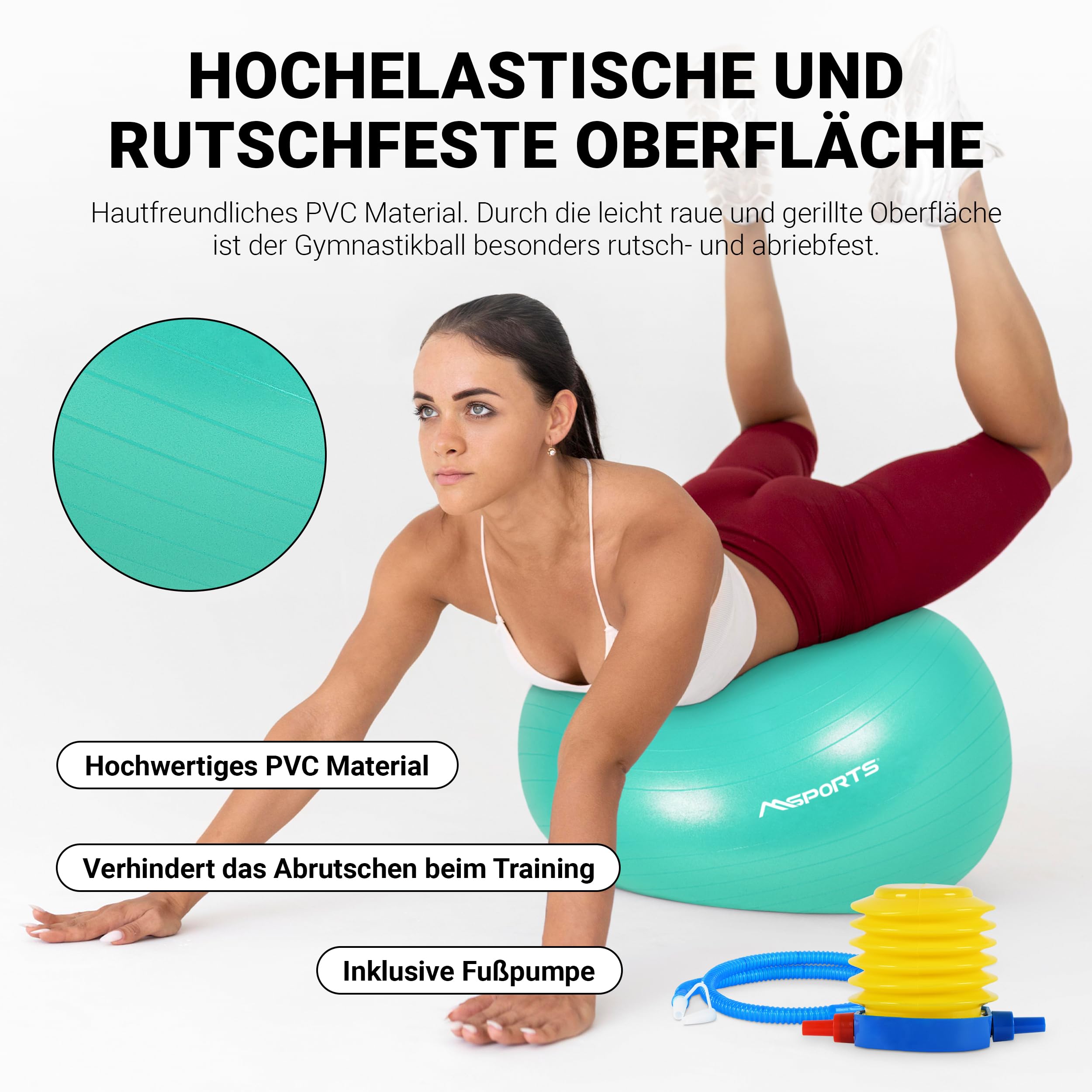 MSPORTS Gymnastikball Premium | Pilates Ball - Anti Burst inkl. Pumpe + Workout App + Übungsposter | Pezziball 55 cm - 105 cm Medizinball - Fitnessball Sitzball