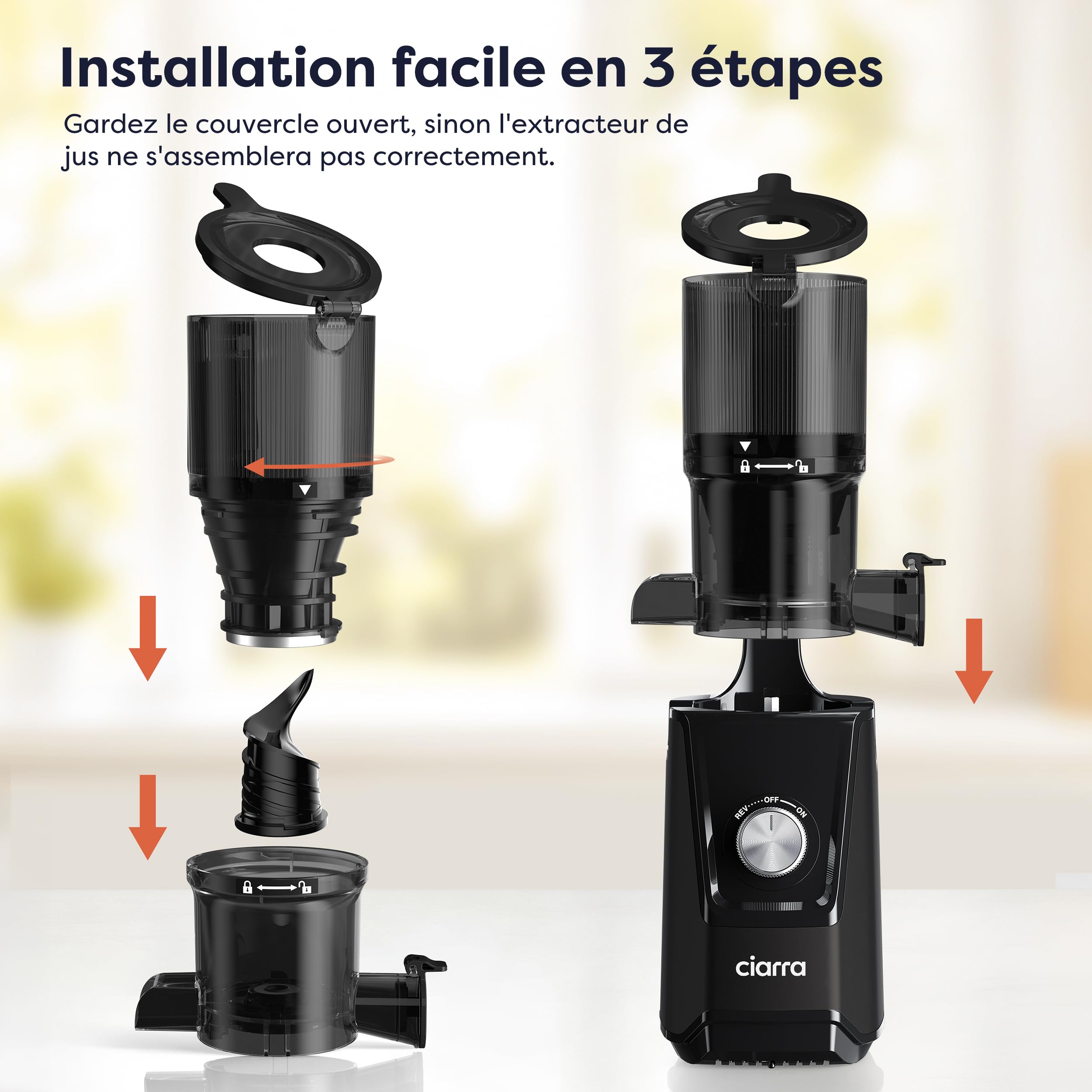 Ciarra AWSJ046-B Extracteur de Jus Fruits Légumes, Slow Juicer 1.2L Sans BPA, 108 mm, Noir