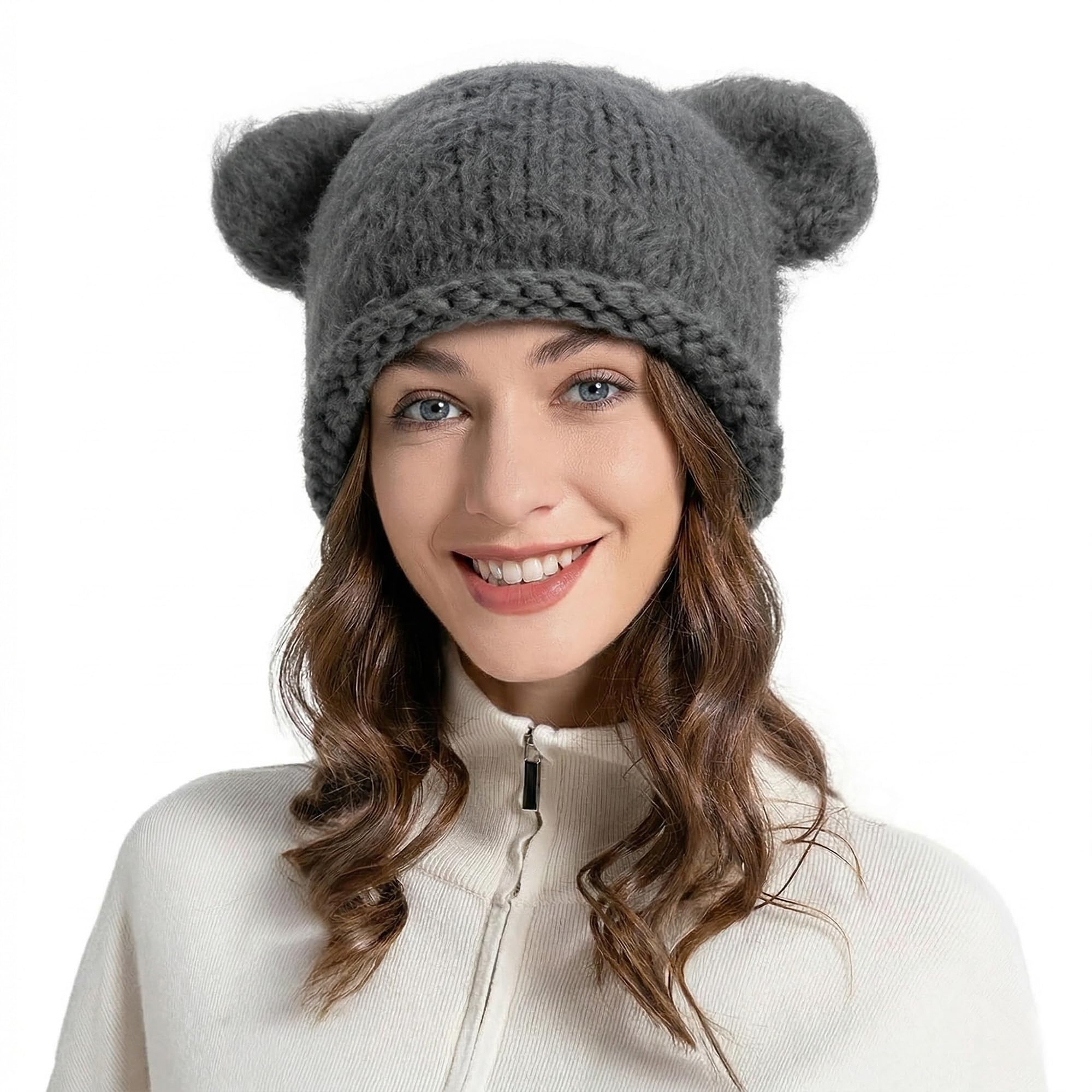 ZLYC Damen Katzenohr Slouchy Strickmütze Grunge Niedlich Wintermütze