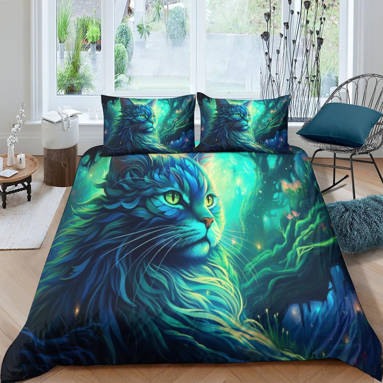 Housse de couette 3D chat vert parure de lit animal domestique zip