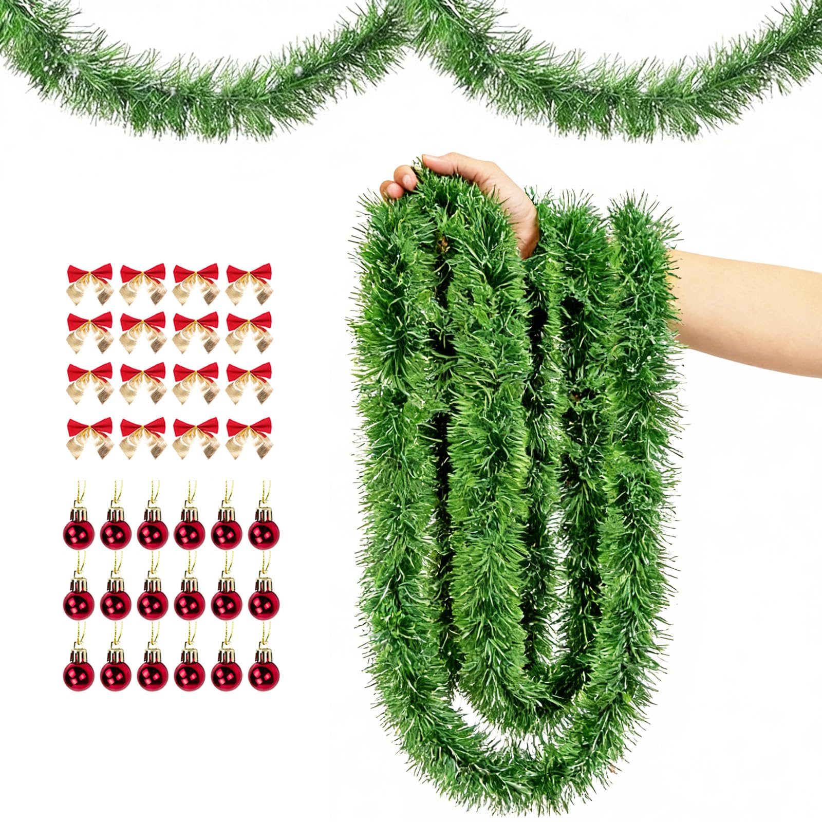 Guirnalda de Navidad de 22 m, sin iluminación, guirnalda de ramas de abeto verde artificial, decoración navideña, para interior y exterior, guirnalda con 45 bolas de Navidad y 45 nudos de mariposa