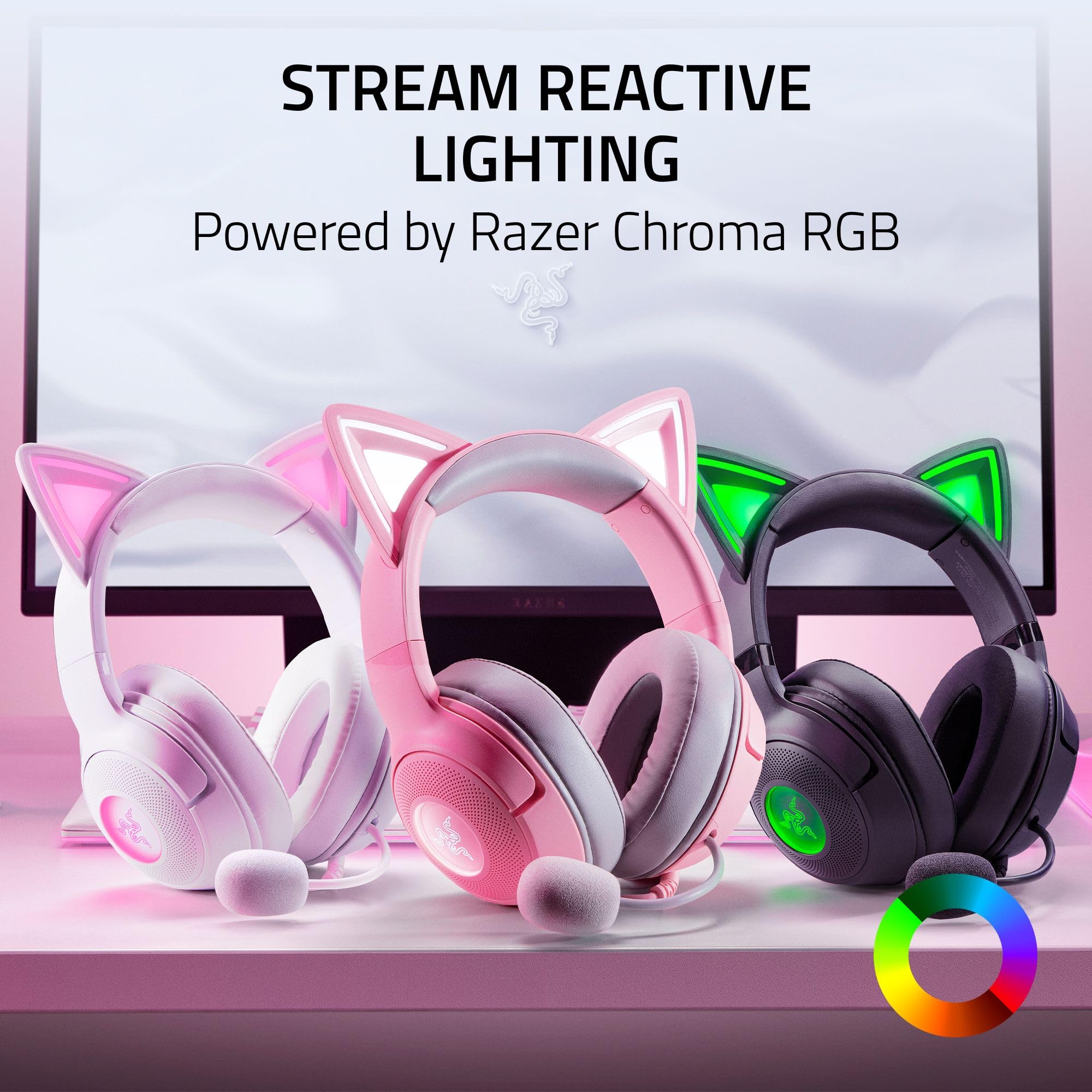 Razer Kraken Kitty V2 USB Wired Headset: Chroma RGB Kitty Ears - Stream Reactive Lighting - HyperClear Cardioid Mic - 40 mm Drivers - 7.1 Surround Sound - Comfortable Ear Cushions -: White
