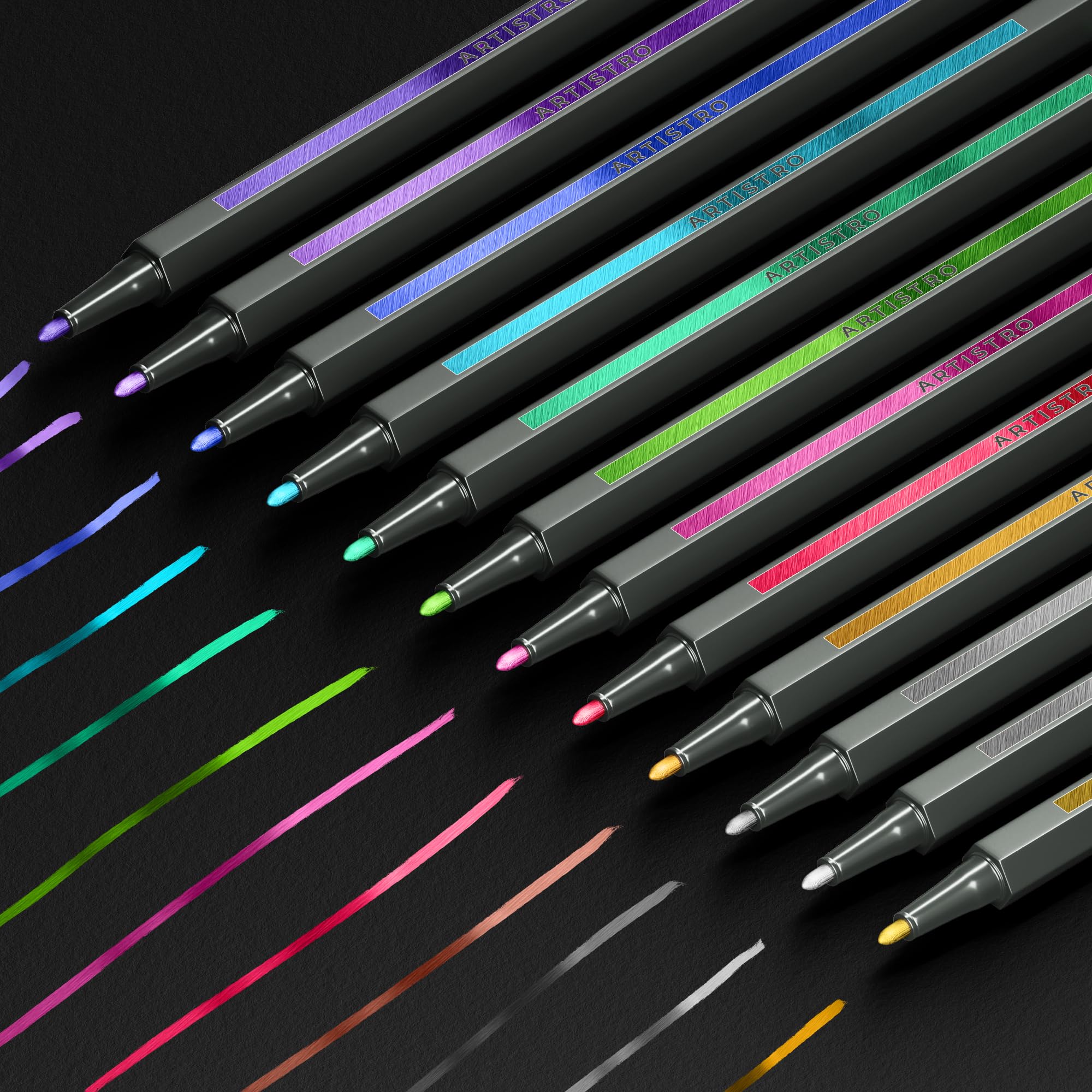 ARTISTRO Metallic Markers with Medium Tip, Metallic Acrylic Paint Pens, Pre-Activated, for Kids & Adults, for Black Paper & Rocks (Fine Tip, 12)