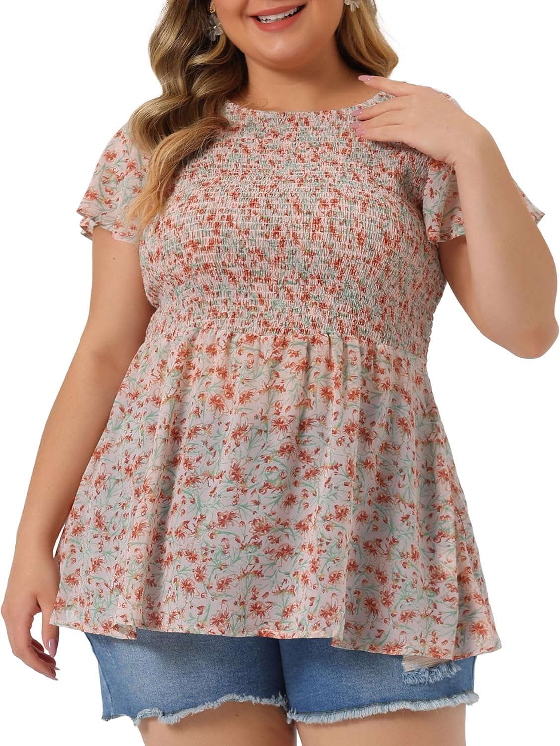 Agnes Orinda Plus Size Chiffon Blouses for Women Summer Flare Short Sleeve Smocked Ditsy Floral Peplum Top