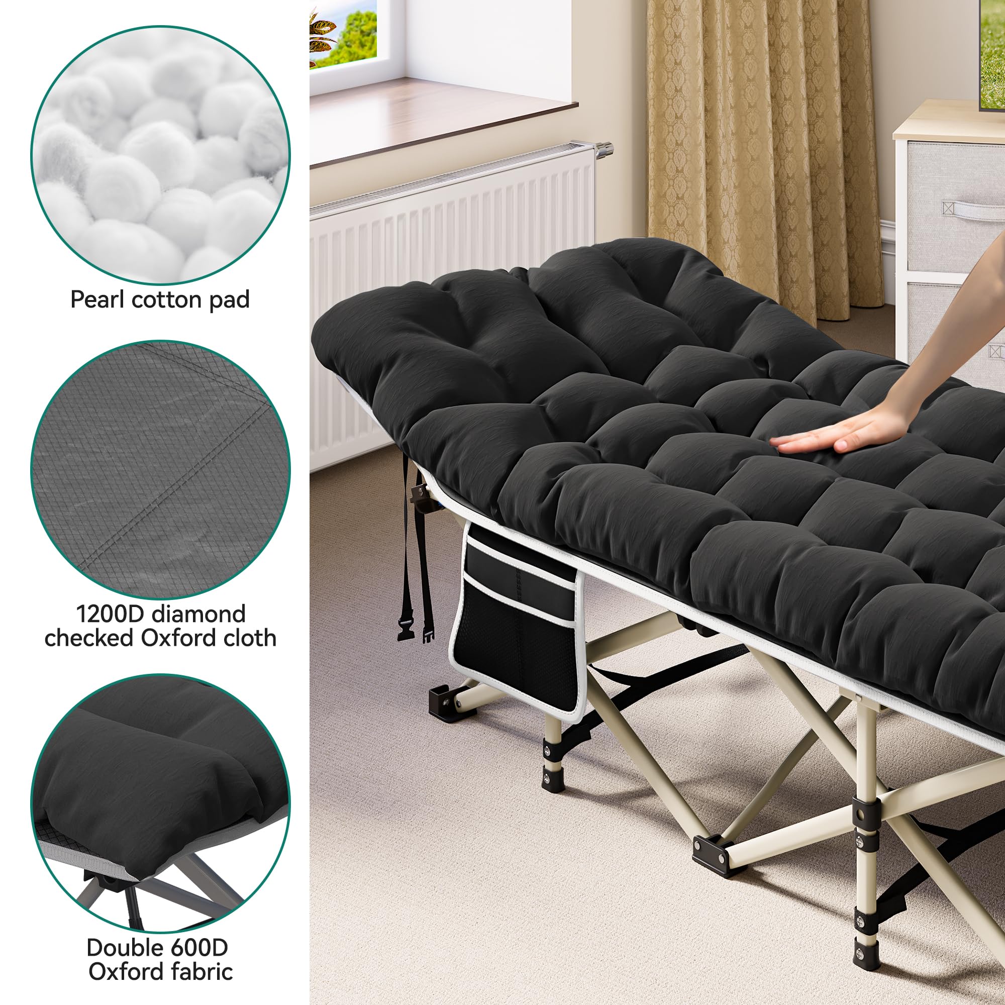 YITAHOME Letti da Campeggio Pieghevoli per Adulti, Robusta Lettino da Campo con Materasso Extra Spesso, Lettino per Dormire con Tubi più Spessi per Ufficio da Viaggio all'aperto, Nero