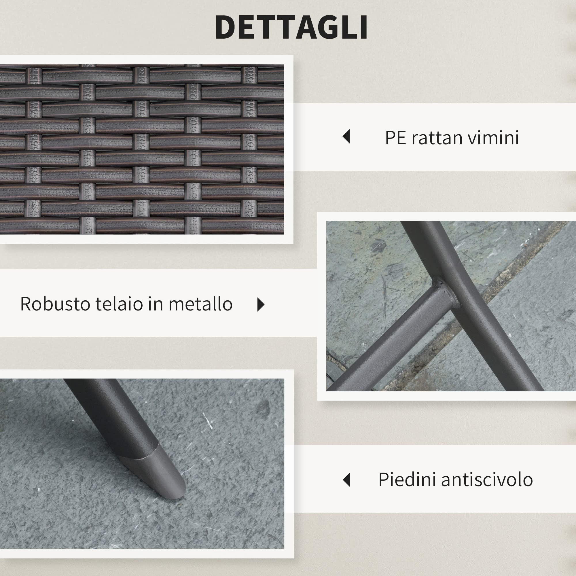 Outsunny Set da Giardino Pieghevole 3 Pezzi Rattan PE Metallo, 2 Sedie e Tavolino da Caffè, Protezione UV, Nero