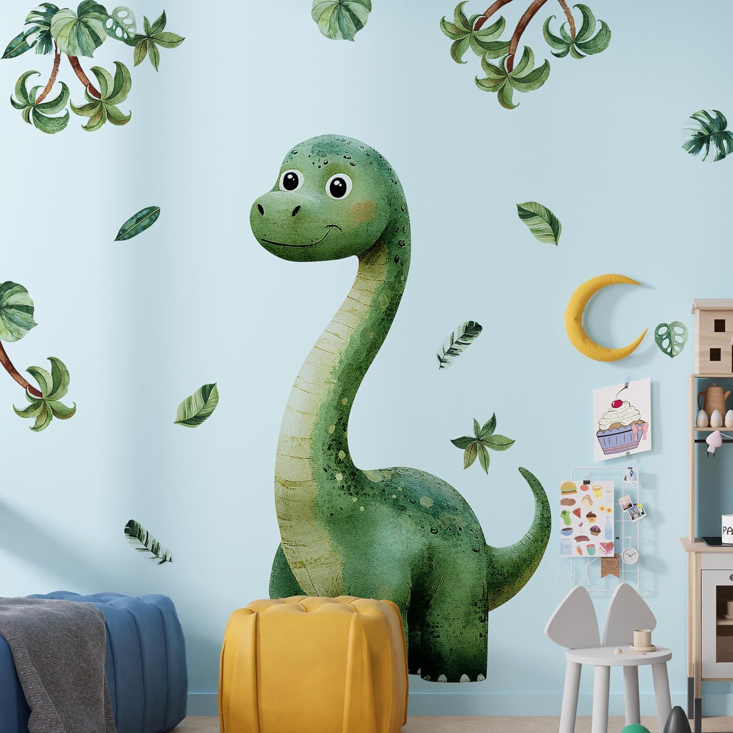 3D Large Dinosaur Wall Decals，Boho Dinosaur Palm Tree Wall Stickers，Peel and Stick Wall Dino Art Decals，Removable Baby Nursery Boys Bedroom Playroom Dino Wall Decor Gifts for Kids