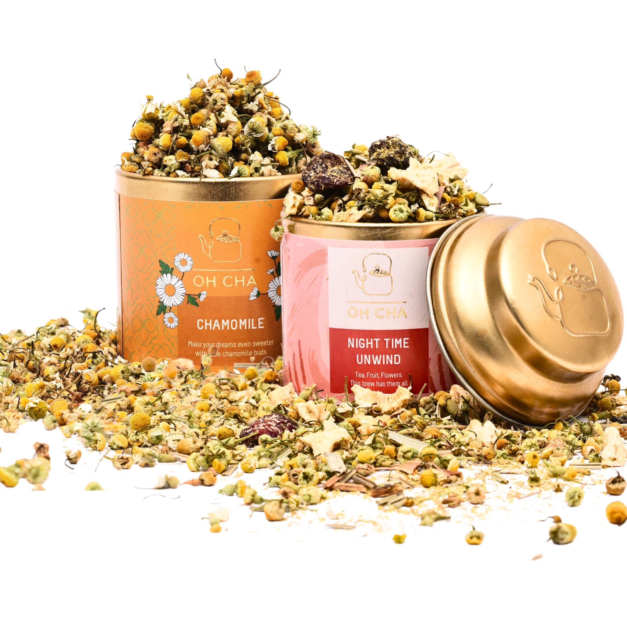 OH CHA - Chamomile Tea Combo | Pure Flower and Night Time Unwind Tea | for Sleep, Stress Relief, Anxiety | Rich in Antioxidants, Caffeine Free | 35gms x 2 Tin Caddy