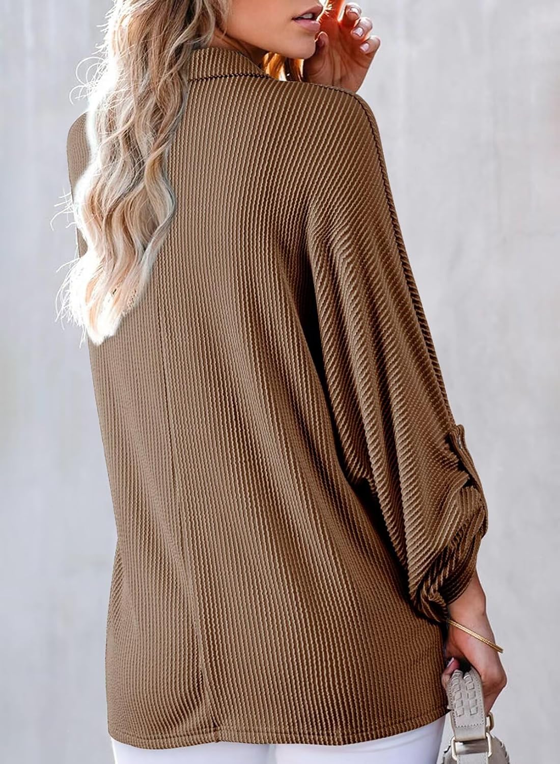 Astylish Women's Casual Blouses Button Down Business Batwing Tops Long Sleeve V Neck Ribbed Shirts 2025 Fall Outfit - Image 3