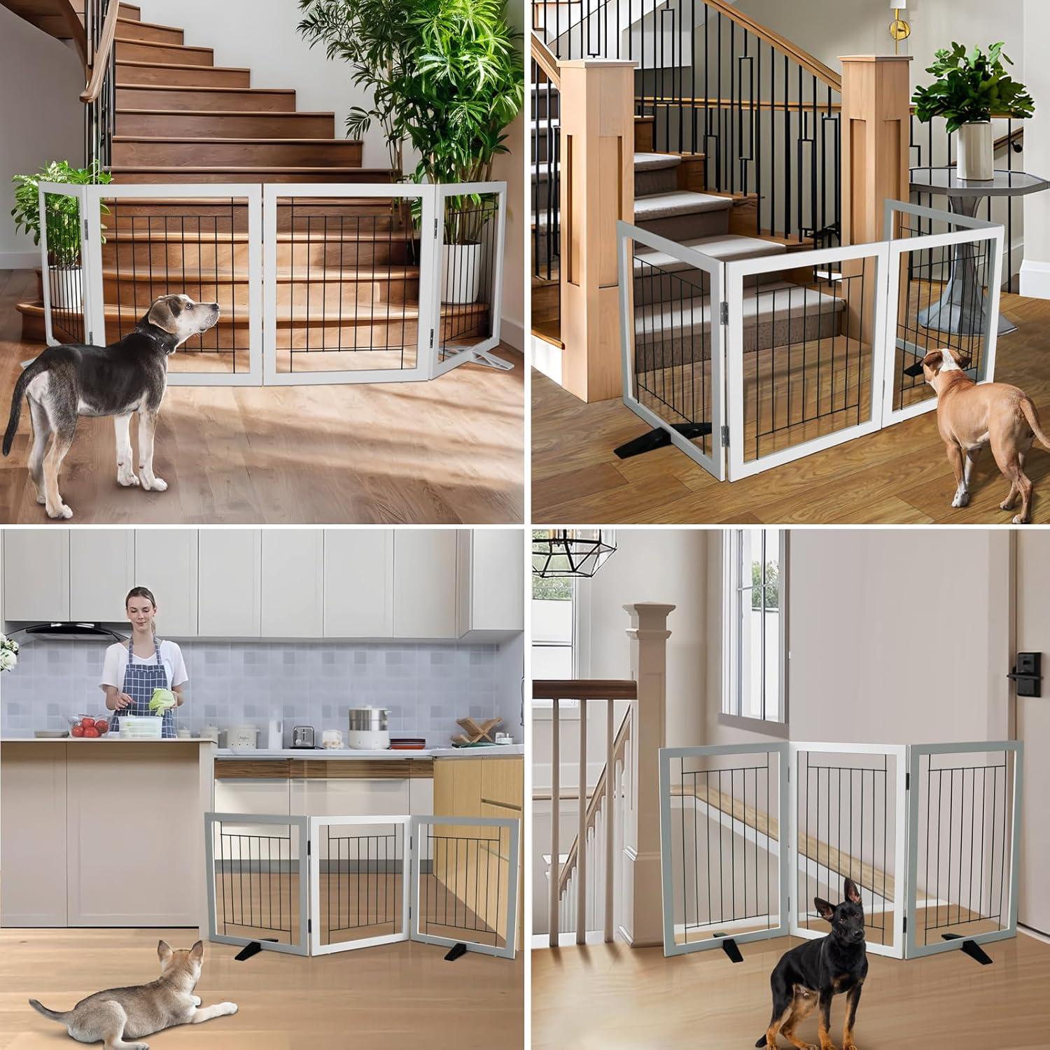 Size 24 Freestanding Dog Gate Indoor, Foldable Dog Fence for Doorways,Hallways or Stairs, Sturdy Wood Extra Wide Pet Gate with Support Feet,White,24 Height-4 Panels