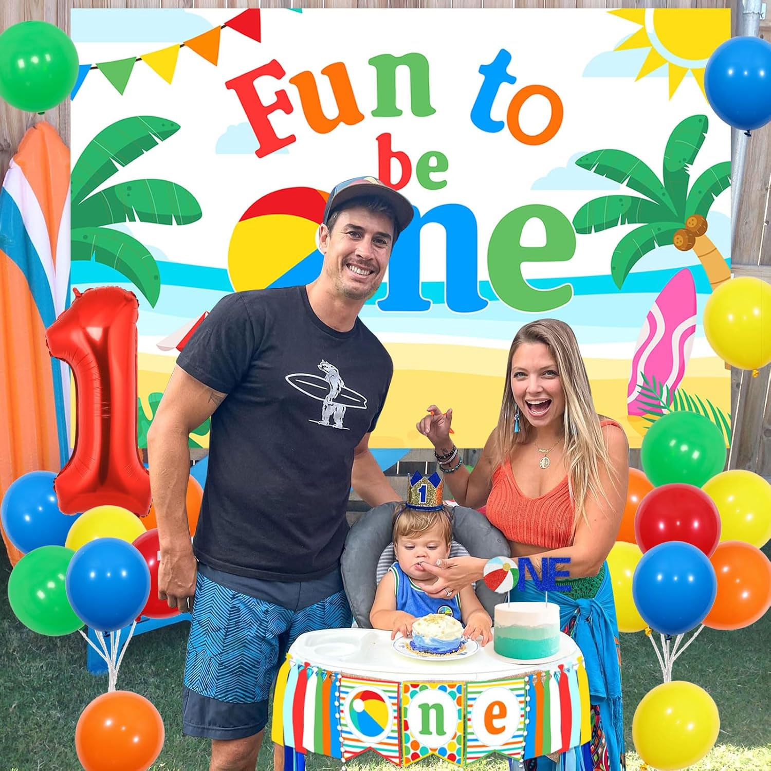 Beach Ball Theme 1st Birthday Party Decoration Summer Beach Birthday Party Supplies with Fun to Be One Beach Birthday Backdrop, Cake Topper and High Chair Banner for Swimming Pool Party - Image 4
