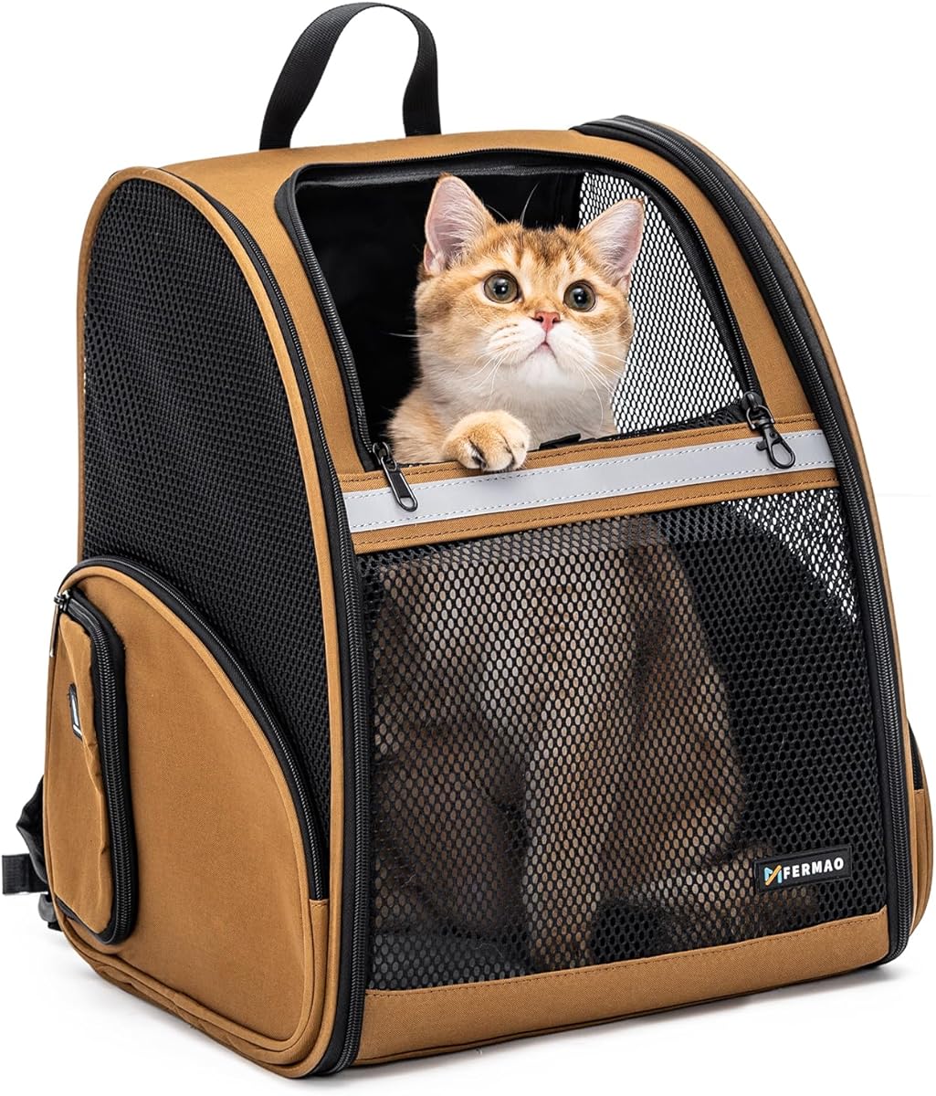 Dog Carrier Backpack, Breathable Mesh Backpack for Dog and Cat,Folds Portable Pet Backpack for Hiking, Outdoor Camping, Veterinary Transport Can Hold Pets up to 15Lbs (Brown)
