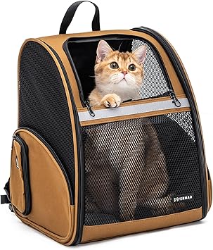 Cat Backpack Carrier for Small Dogs and Medium cat Puppy Kitten Bunny Pet Carrier Backpack Collapsible with Fully Ventilated Mesh with Safety Leash (Brown, 12.9" L x 10.62" W x 15.5" H - M)