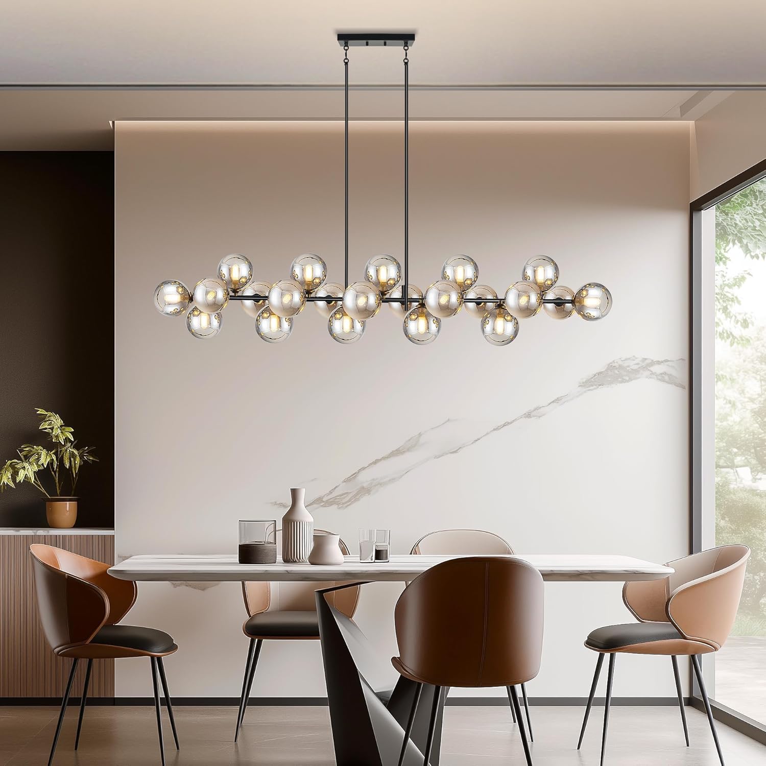 Linear Chandelier Black Sputnik Chandelier 70 inch Dining Room Light Fixture 22 Lights Smoked Glass Globe Linear Chandelier Over Table for Farmhouse, Living Room, Kitchen Island