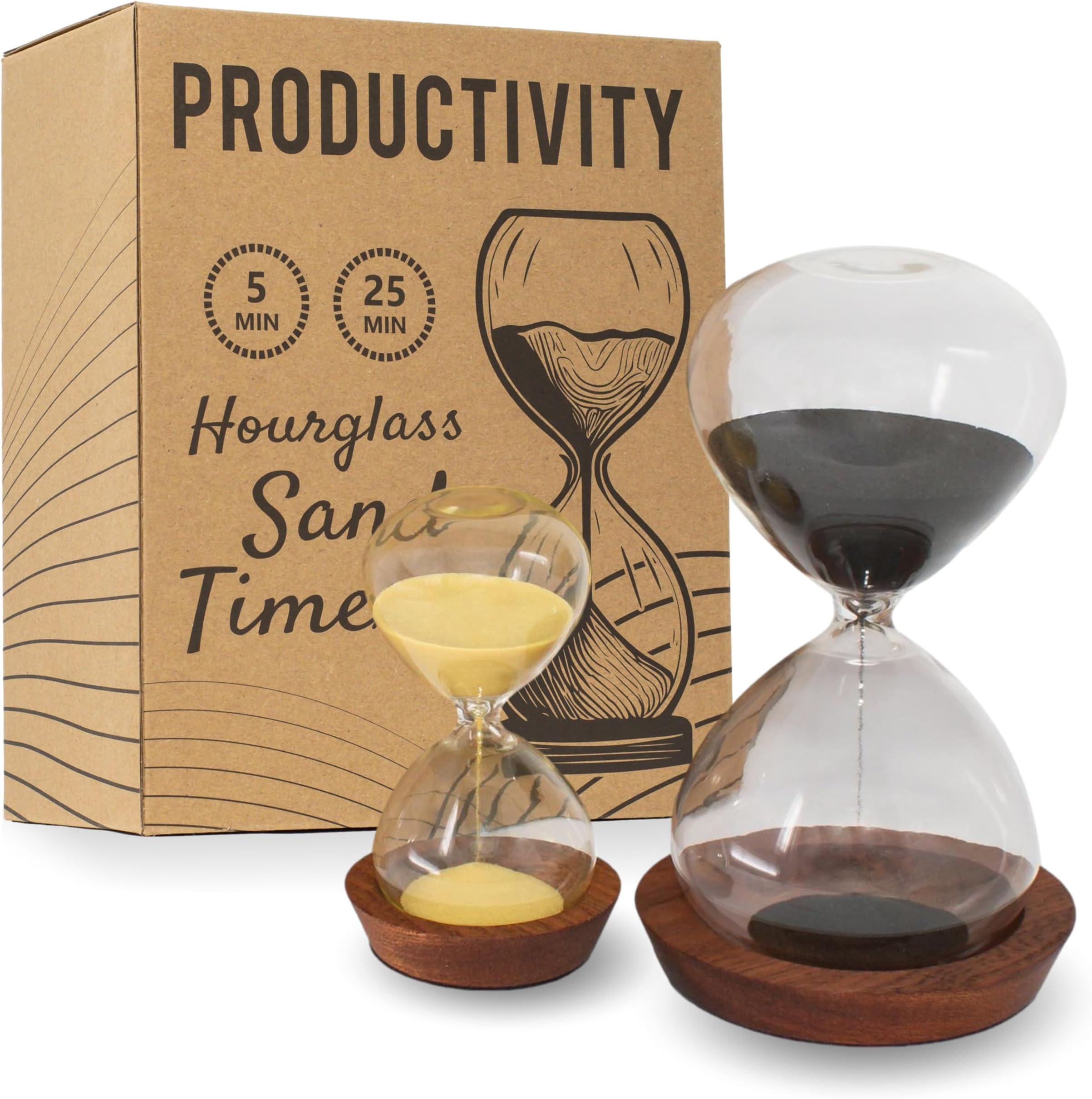 Chillkat Decorative Hourglass Sand Timer Set - Includes 25 and 5 Minute Sandglass Pomodoro Timers with Wooden Bases - Time Management Productivity Tool - Gift for Home Office Desk