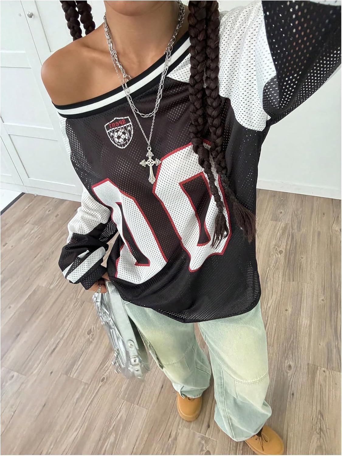 SHENHE Women's Oversized Graphic Jersey Shirt Y2k Off Shoulder Long Sleeve Top Streetwear - Image 3