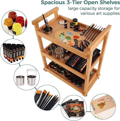 Miniatura 6 de VISWIN Organizador de carrito de arte, organizador de almacenamiento de suministros de arte de madera de haya maciza con ruedas giratorias, carrito