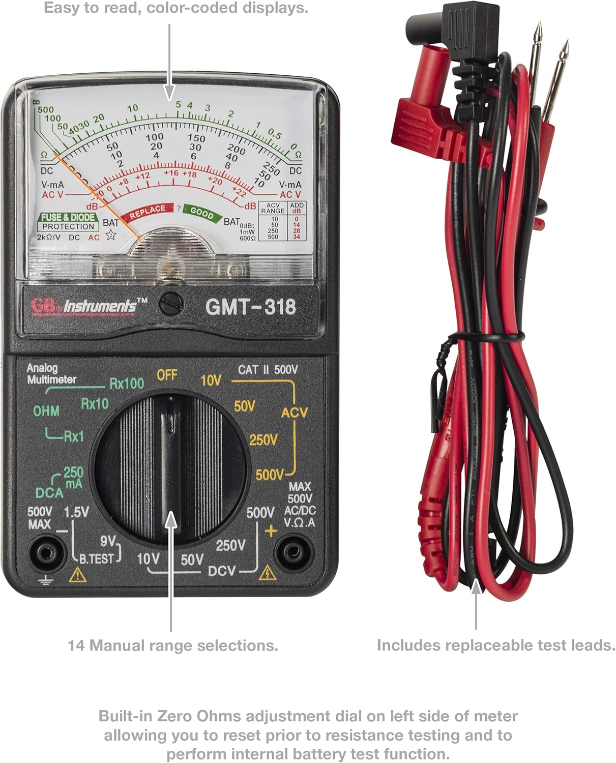 Gardner Bender GMT-318 Analog Multimeter, 6 Function, 14 Range, AC / DC Volt, 500V