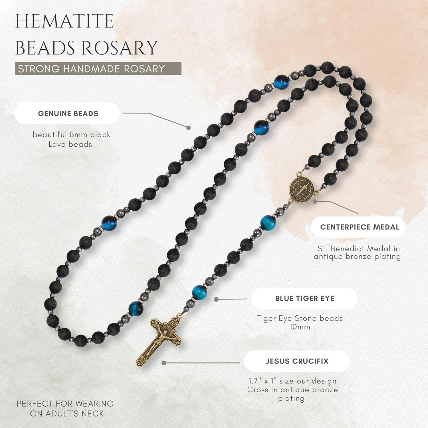 Lava Stone Black Rosary Beads for Men, Catholic Rosary Necklace with Saint Medal & Cross, Blue Tiger Eye Beads Strong Rosary Cross Necklace in Portable Gift Box - Image 3