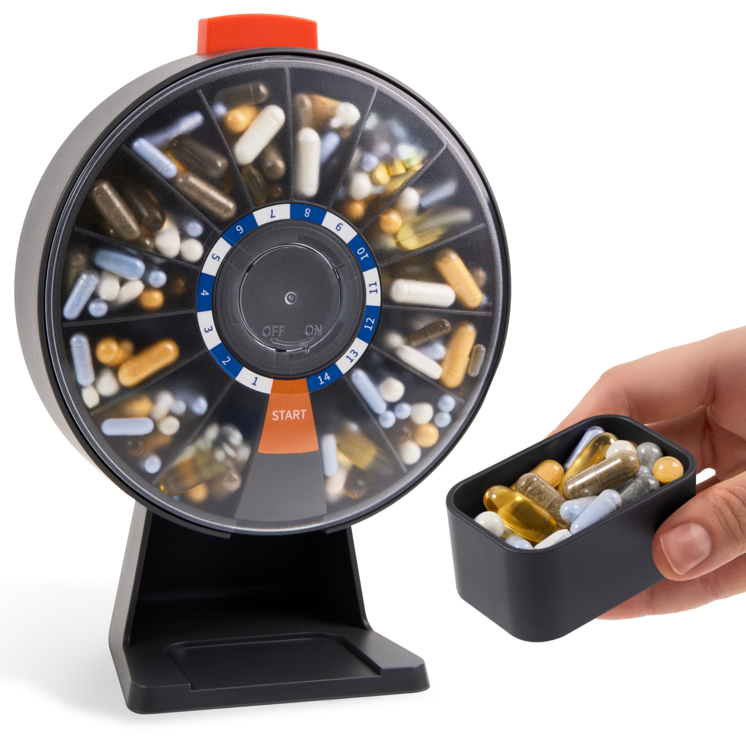 Pill Dispenser 14 Day Rotating Medicine Organizer Wheel with Push Button Wall Mounted or Desktop Manual Pill Dispenser