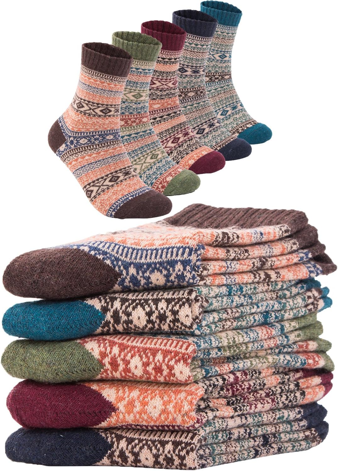AJXMGMens Winter Warm Wool 5 pairs Crew Cute Socks Mixed Color