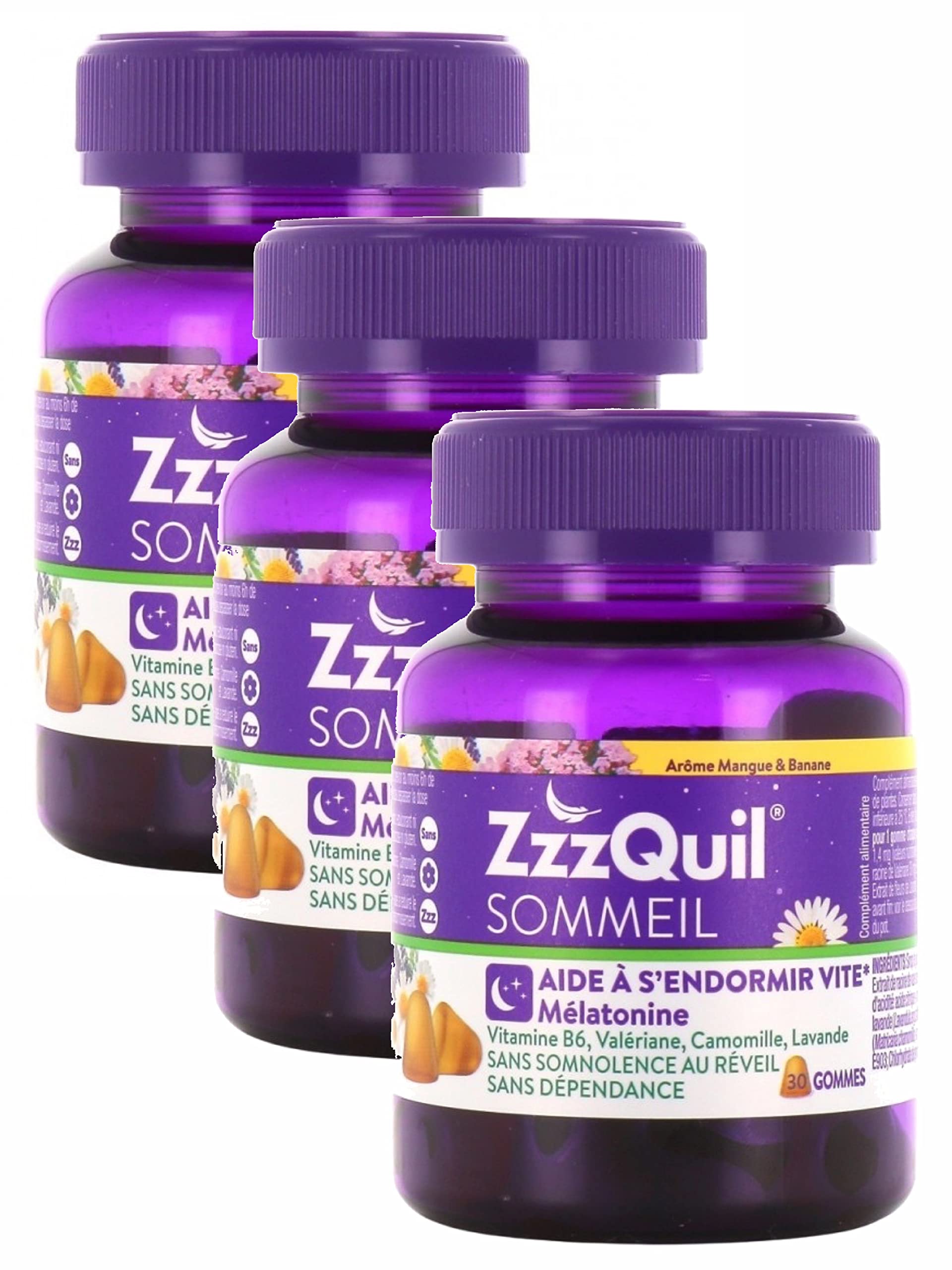 ZzzQuil Sommeil 30 Radiergummis Aroma Mango Banane 3 Packungen