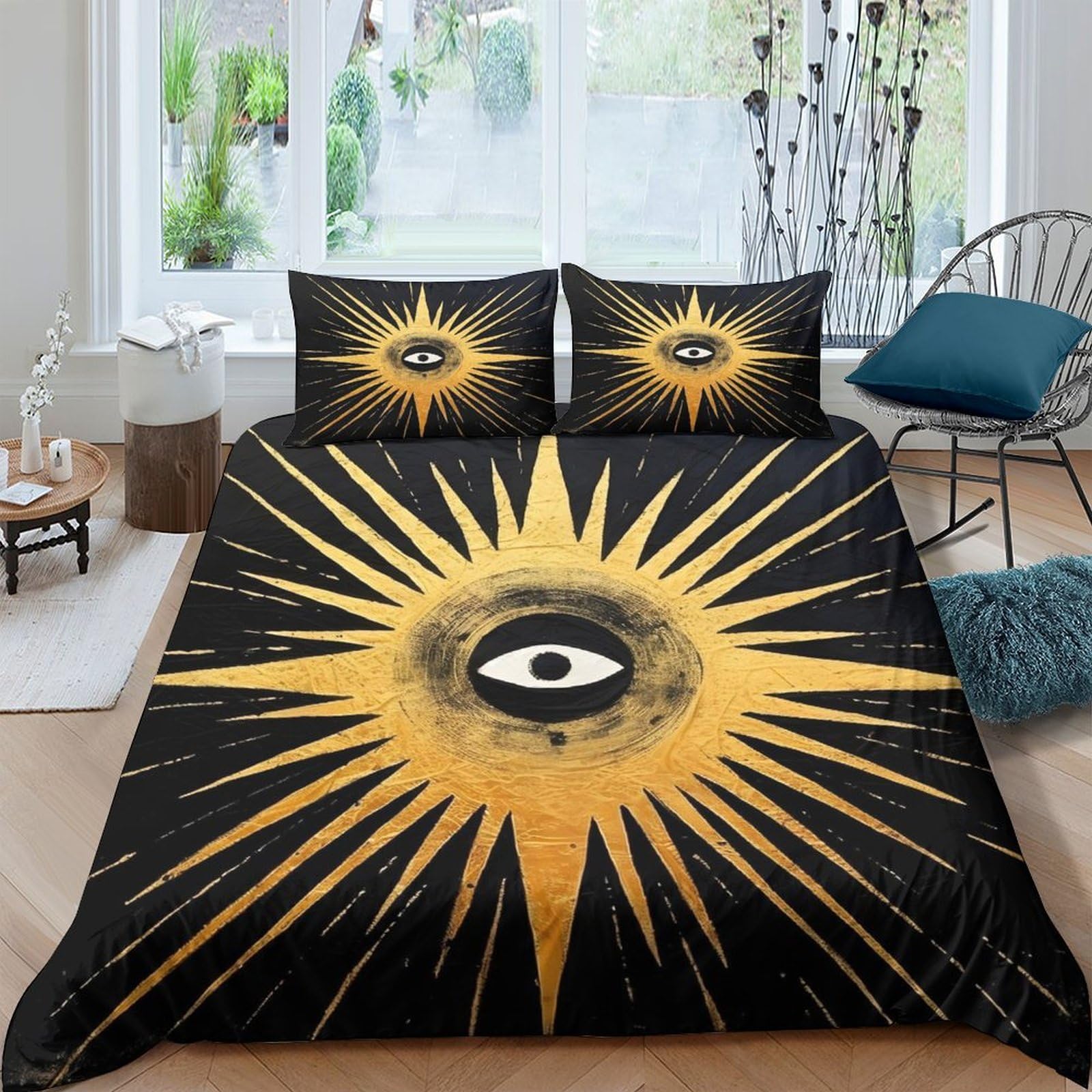 Ctjqhvkz Style-5 3D Printed Mystic Eye Sunburst Fitted Sheet Microfiber Soft Black Gold All Seeing Eye Mattress Cover Bedroom Decor Single（135X200cm）