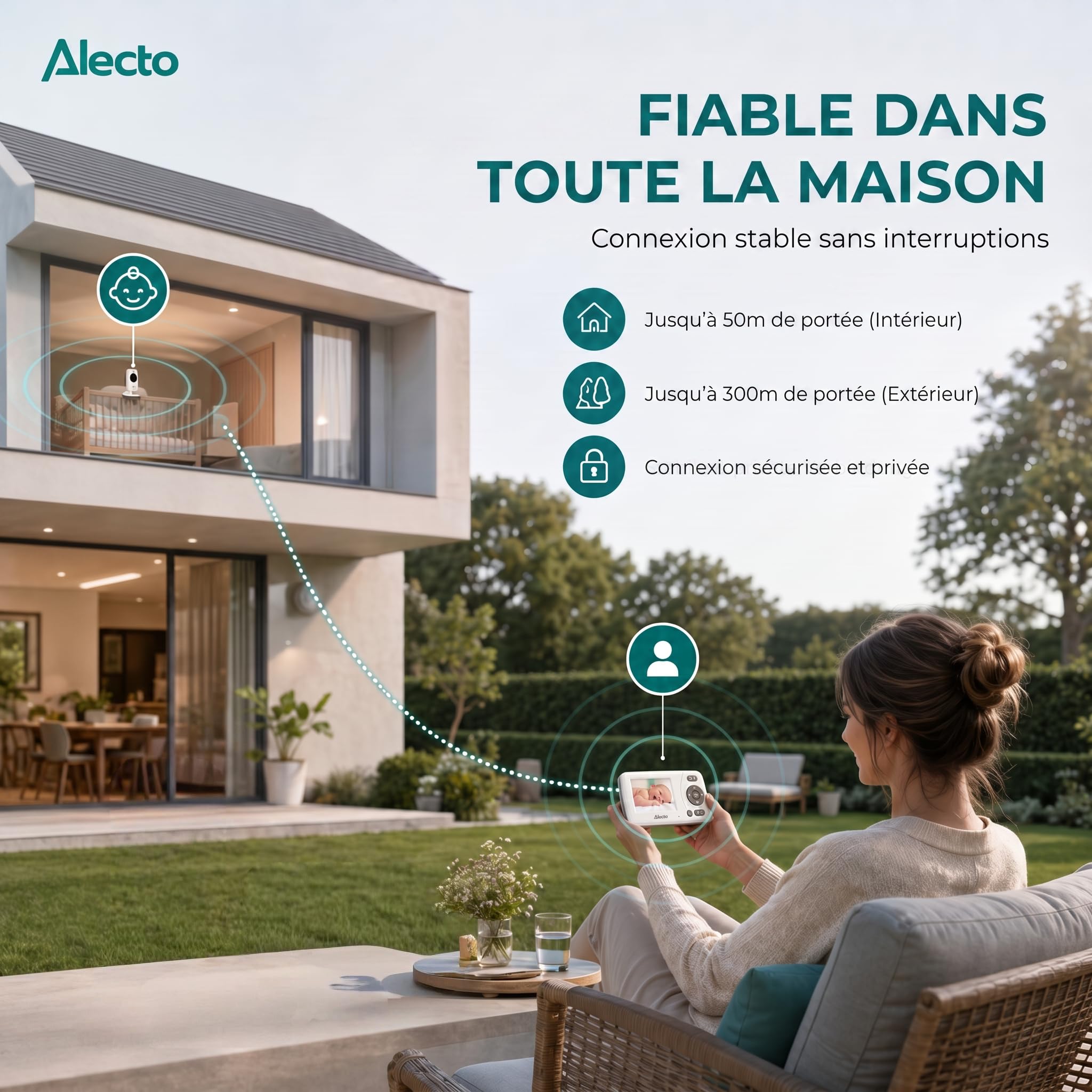 Alecto DVM71 Babyphone avec caméra - Moniteur bébé écran 2,4" - Caméra bébé - Portée 50 m - Batterie 10 Heures - Blanc/Taupe