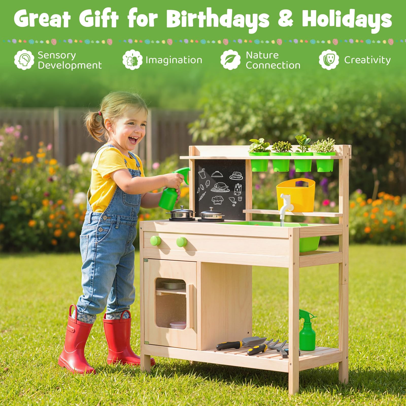 FANTASK Massivholz Matschküche Outdoor, Mit Kreidetafel, Herd & Zubehör, Gartenküche für Kinder ab 3 Jahren, Natur, Grün