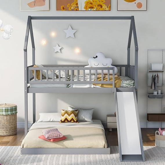 Modern Wooden Twin Over Full House Bunk Bed with Slide,Built-in Ladder -Length Guardrail,for Kids Toddler Teens Adults Bedroom Use (Twin Over Full, Gray@Slide/)