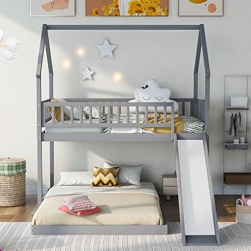 Modern Wooden Twin Over Full House Bunk Bed with Slide,Built-in Ladder -Length Guardrail,for Kids Toddler Teens Adults Bedroom Use (Twin Over Full, Gray@Slide/)