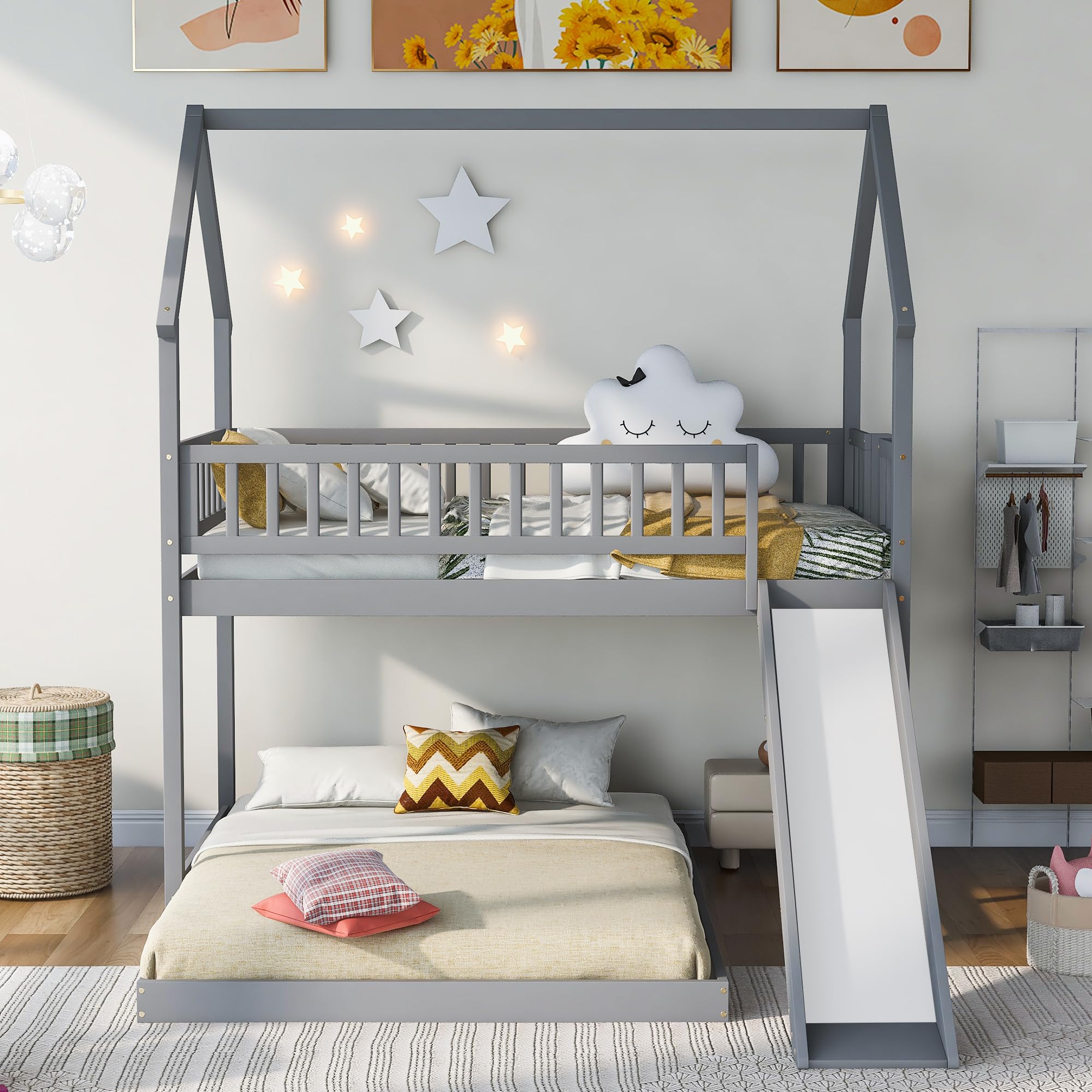 Harper & Bright Designs House Bunk Bed with Slide, Wood Twin Over Full L-Shape Bunk Bed Frame with Roof, Full-Length Guardrail, Built-in Ladder for Kids Teens, No Spring Box Required (Grey)