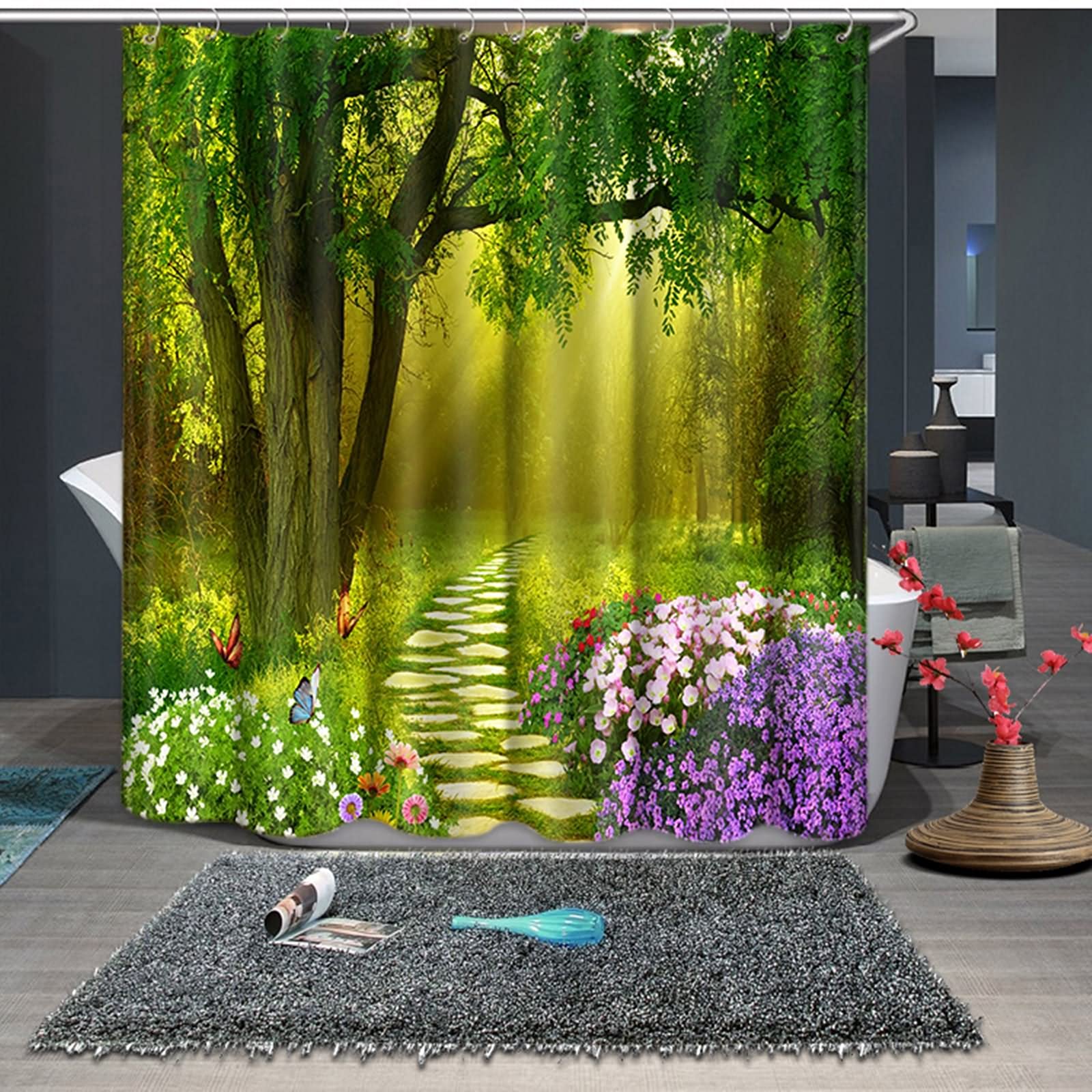 Rideau de douche japonais KnSam anti-adhérence en tissu 120g motif forêt