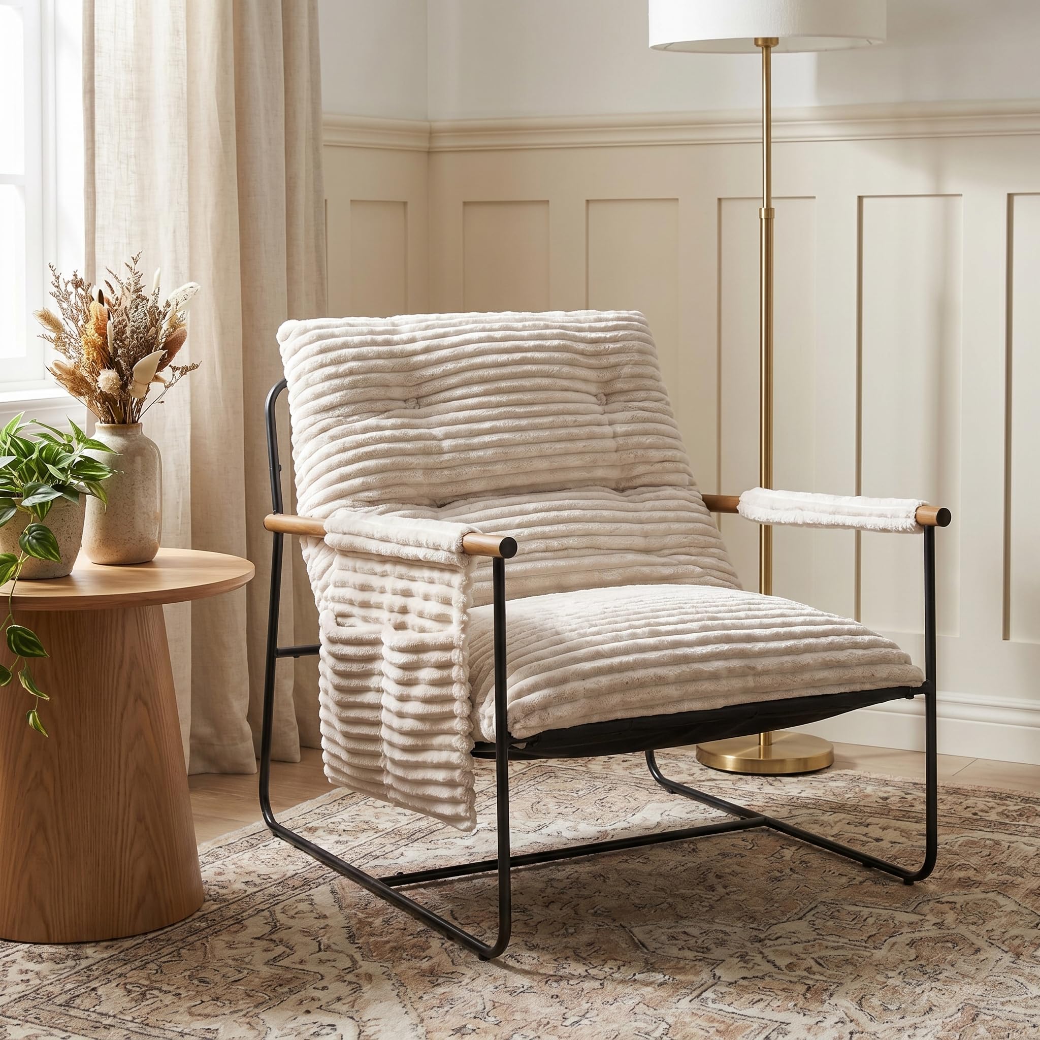 Comfy Accent Chair Modern Living Room Chair Cozy Lounge Chairs Oversized Armchair With Wood Armrests Sturdy Metal Frame Upholstered Reading Chair Soft Cushion sofa Chairs For Bedroom Balcony Porch