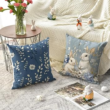 AVOIN colorlife Easter Bunny Easter Eggs Hydrangea Blue Throw Pillow Covers, 18 x 18 Inch Eucalyptus Leaves Cotton Cushion Case Decoration for Sofa Couch Set of 4