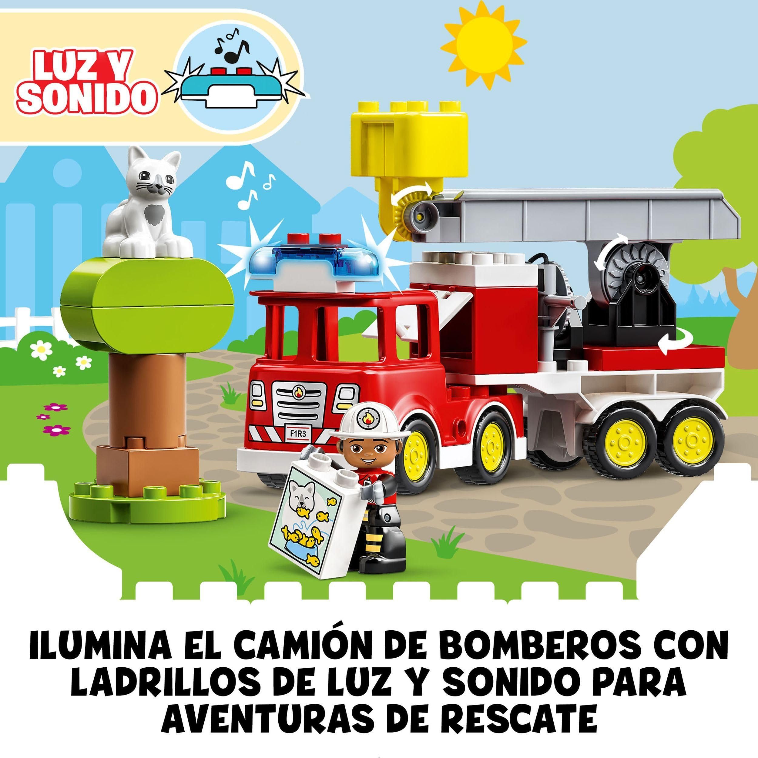 Lego Duplo Rescate Camión de Bomberos de Juguete - Juego Educativo para Niños y Niñas de 2+ Años - Vehículo con Luz y Sonido, Figuras de Bombero y Gato - Idea de Regalo 10969