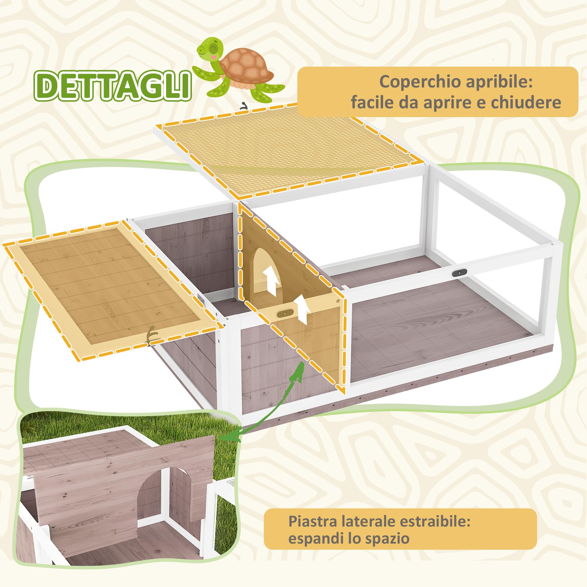 PawHut Casa per Tartarughe di Terra con Pannello Apribile e 2 Spazi Separati, Terrario Tartarughe di Terra in Legno di Abete e Acciaio Zincato, 91x60.5x32 cm, Marrone Chiaro