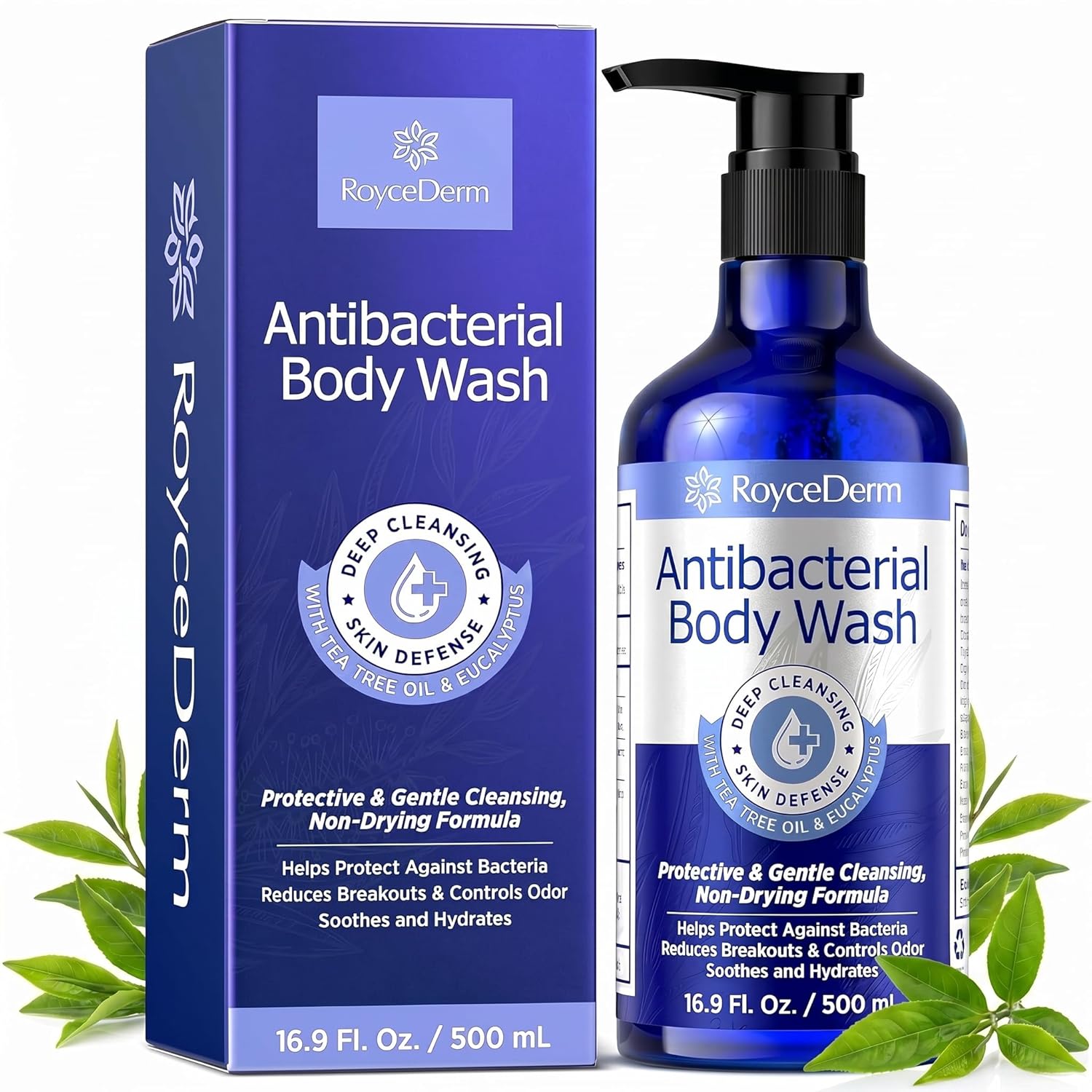 Roycederm Antibacterial Body Wash & Soap – Kills 99.9% of Germs & Bacteria – For Body Acne, Folliculitis & Odor Control – Gentle Daily Use for Men & Women (16.9 Fl Oz (Pack of 2))